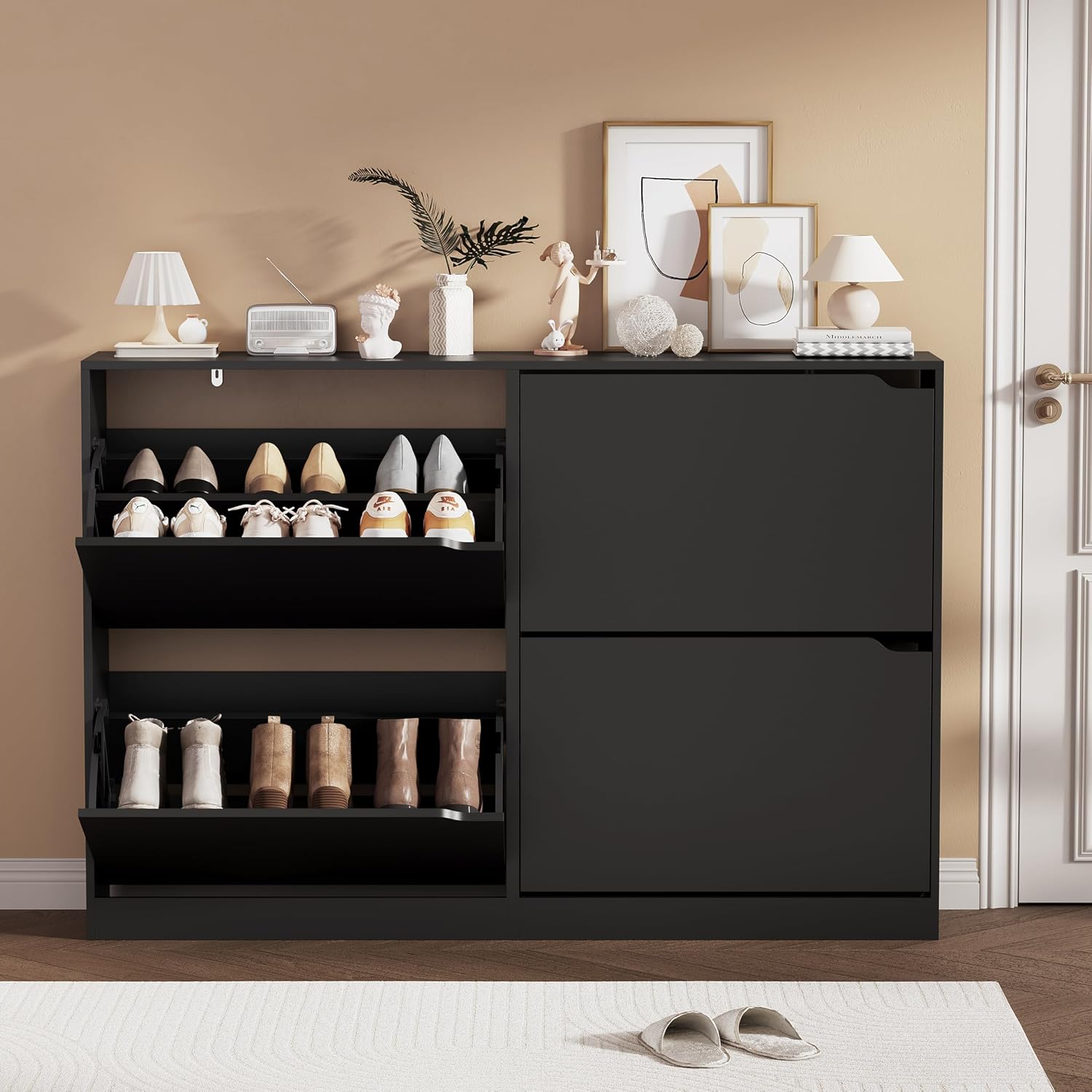 Shoe Storage Cabinet, Wood Shoe Organizer for Entryway with 3 Flip Drawers, Freestanding Shoe Rack with Adjustable Shelf