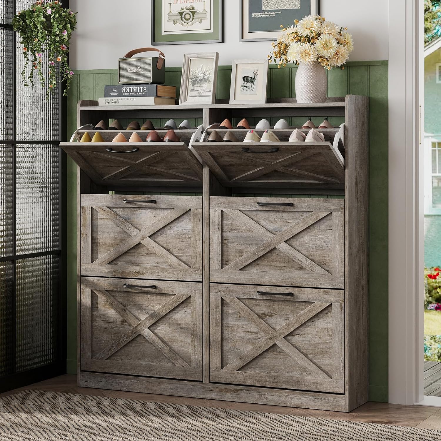 Maupvit Shoe Storage Cabinet with 2 Flip Drawers, Freestanding Shoe Organizer with Metal Legs for Entryway, Narrow Shoe Rack Cabinet, Rustic Brown