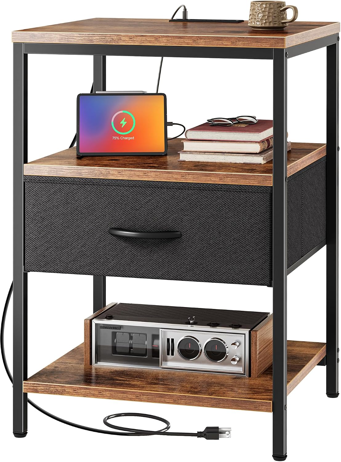 SUPERJARE Nightstand Set of 2, Bed Side Tables with Charging Station, Adjustable Fabric Drawer, Night Stand for Bedroom, 3-Tier Storage End Tables