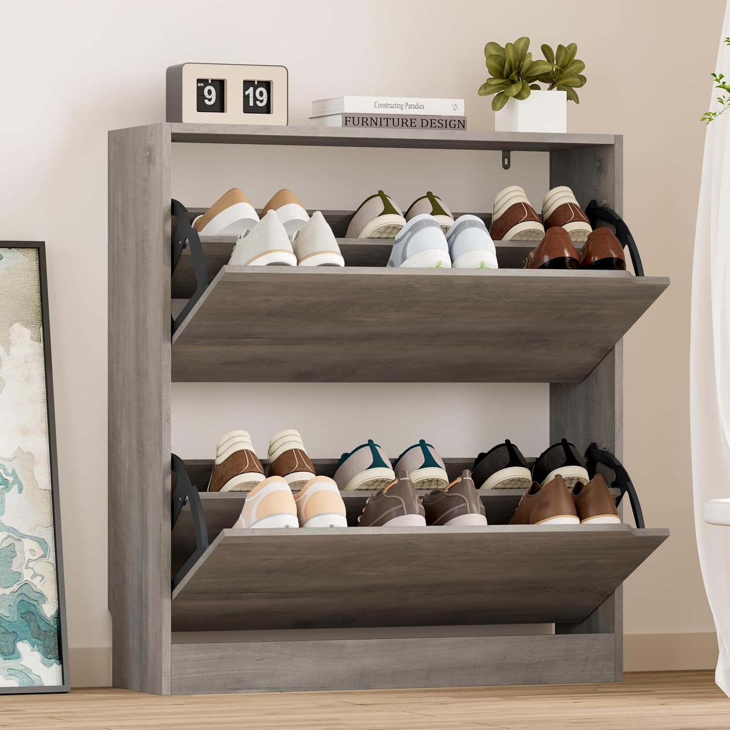 BORNOON Shoe Cabinet with Odor Control and Back Panels, Deodorizing Slim 3-Flip Shoe Storage Cabinet for Entryway