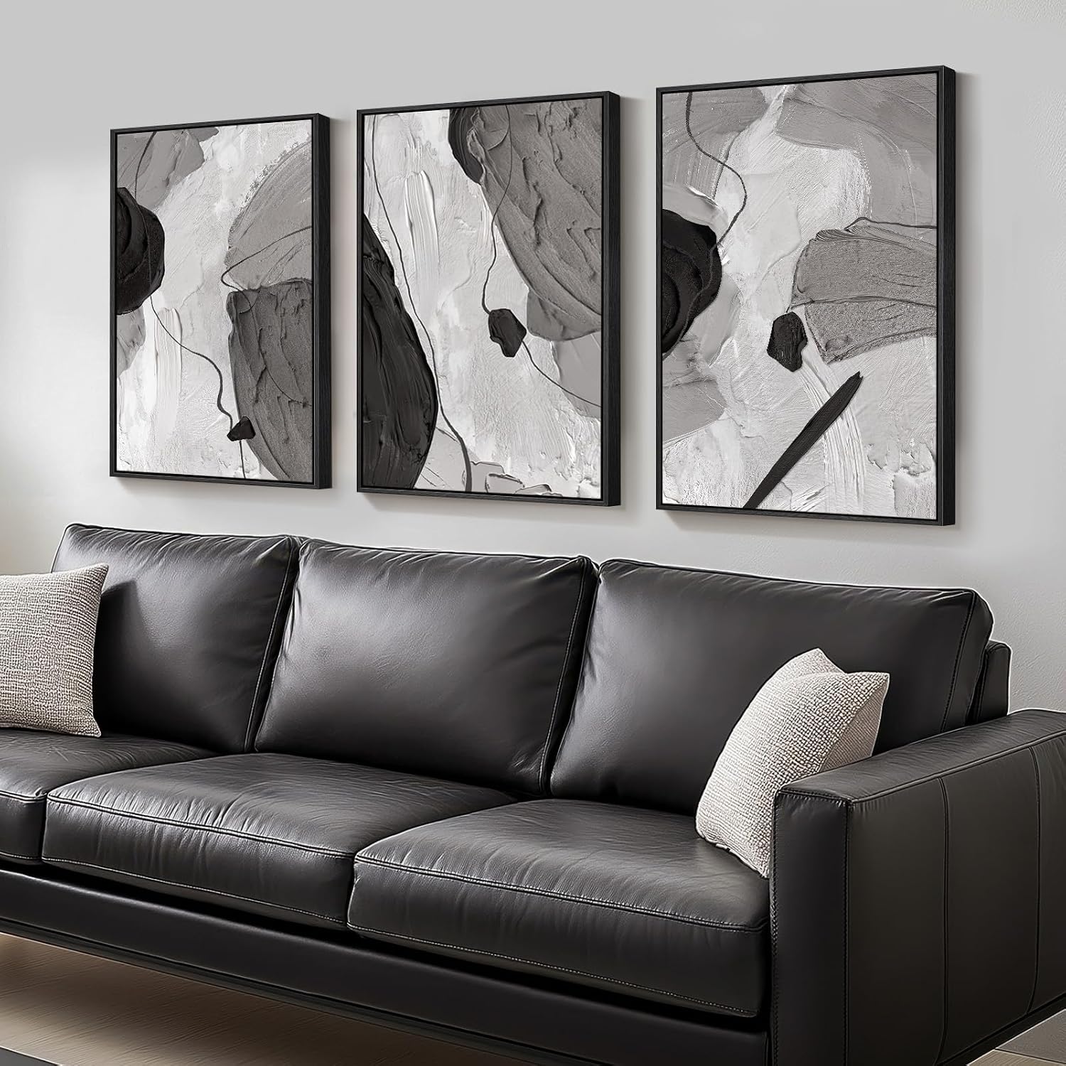 Large Framed Boho Modern Neutral Abstract Wall Art for Living Room, 3 Piece Black and White Canvas Prints Paintings Artwork for Walls