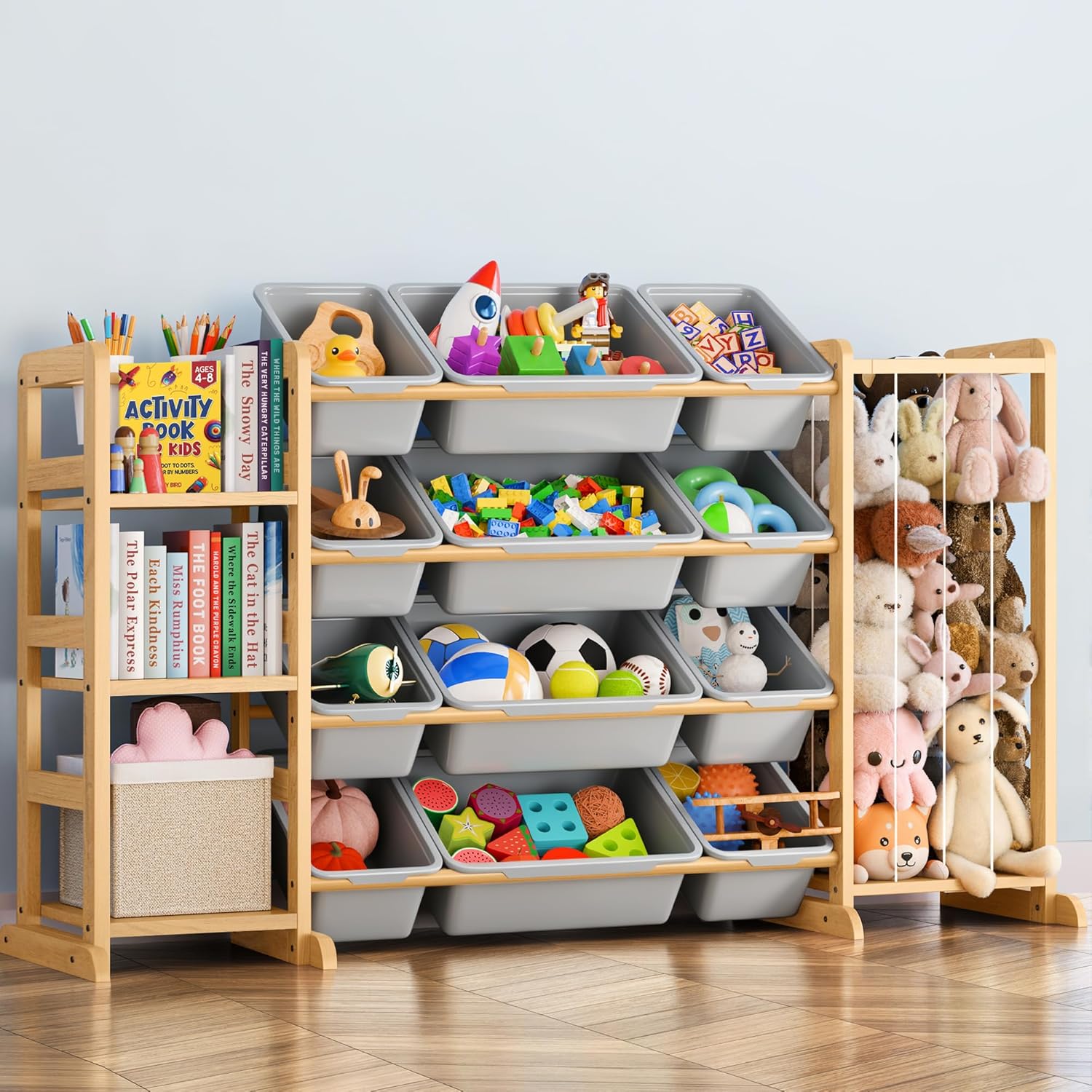 Toy Storage Organizer with Bookshelf and Stuffed Animal Storage - Playroom Organization with Shelves and 16 Bins - Living Room Box for Lego - Nursery