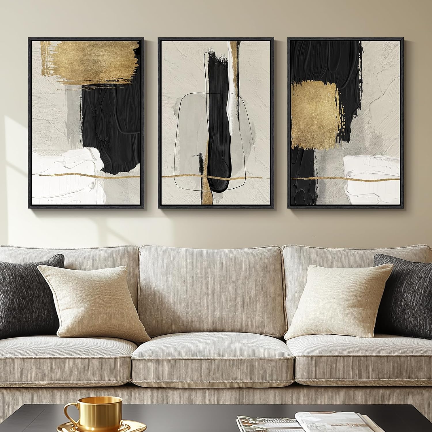 Large Framed Boho Modern Neutral Abstract Wall Art for Living Room, 3 Piece Black and White Canvas Prints Paintings Artwork for Walls