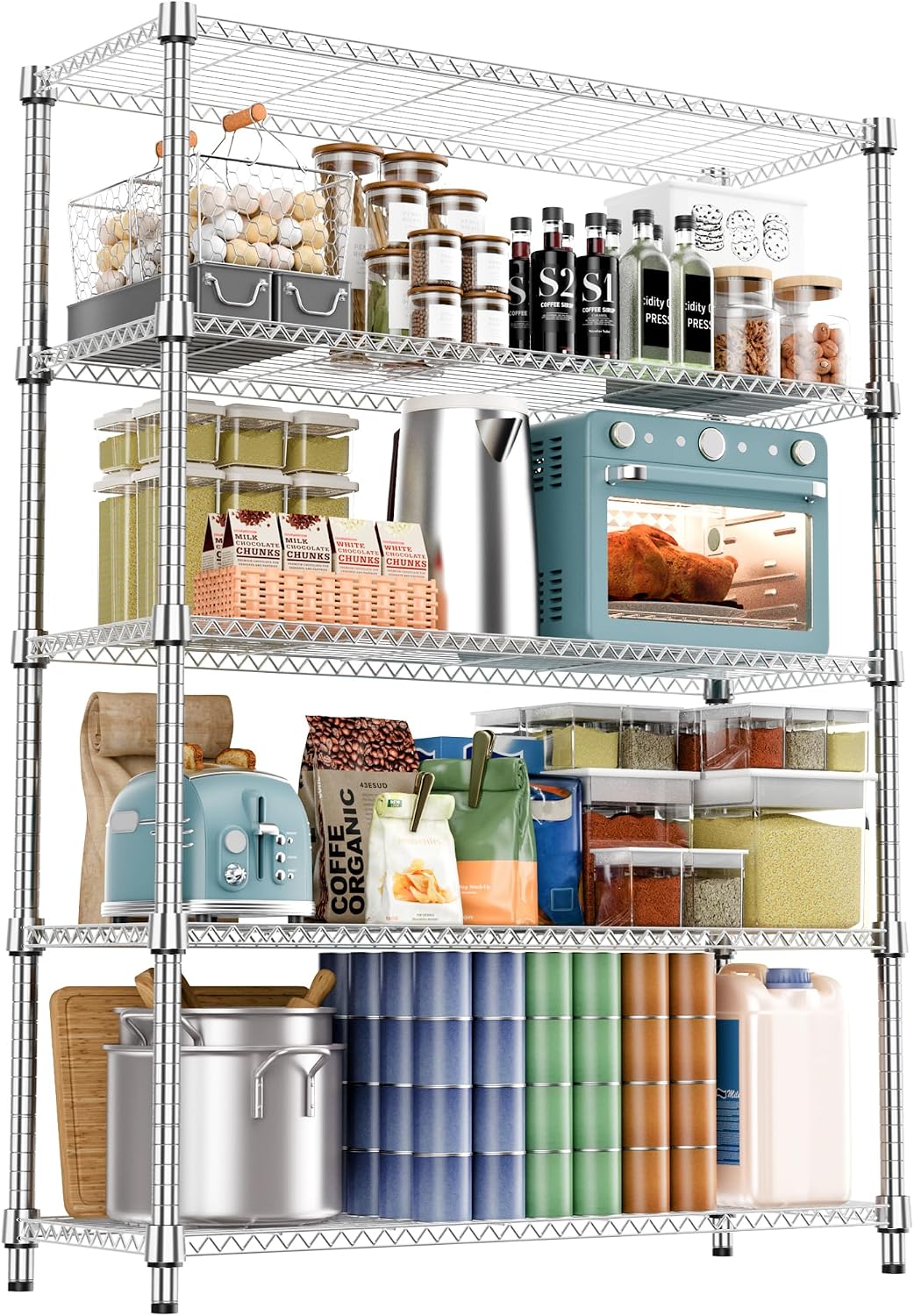 M MZG 1250 lbs 5 Tier Shelf Metal Storage Shelves Wire Rack Closet Organizers with Wheel for Garage Kitchen Bathroom Laundry Chrome 13.7" D x 23.6" W