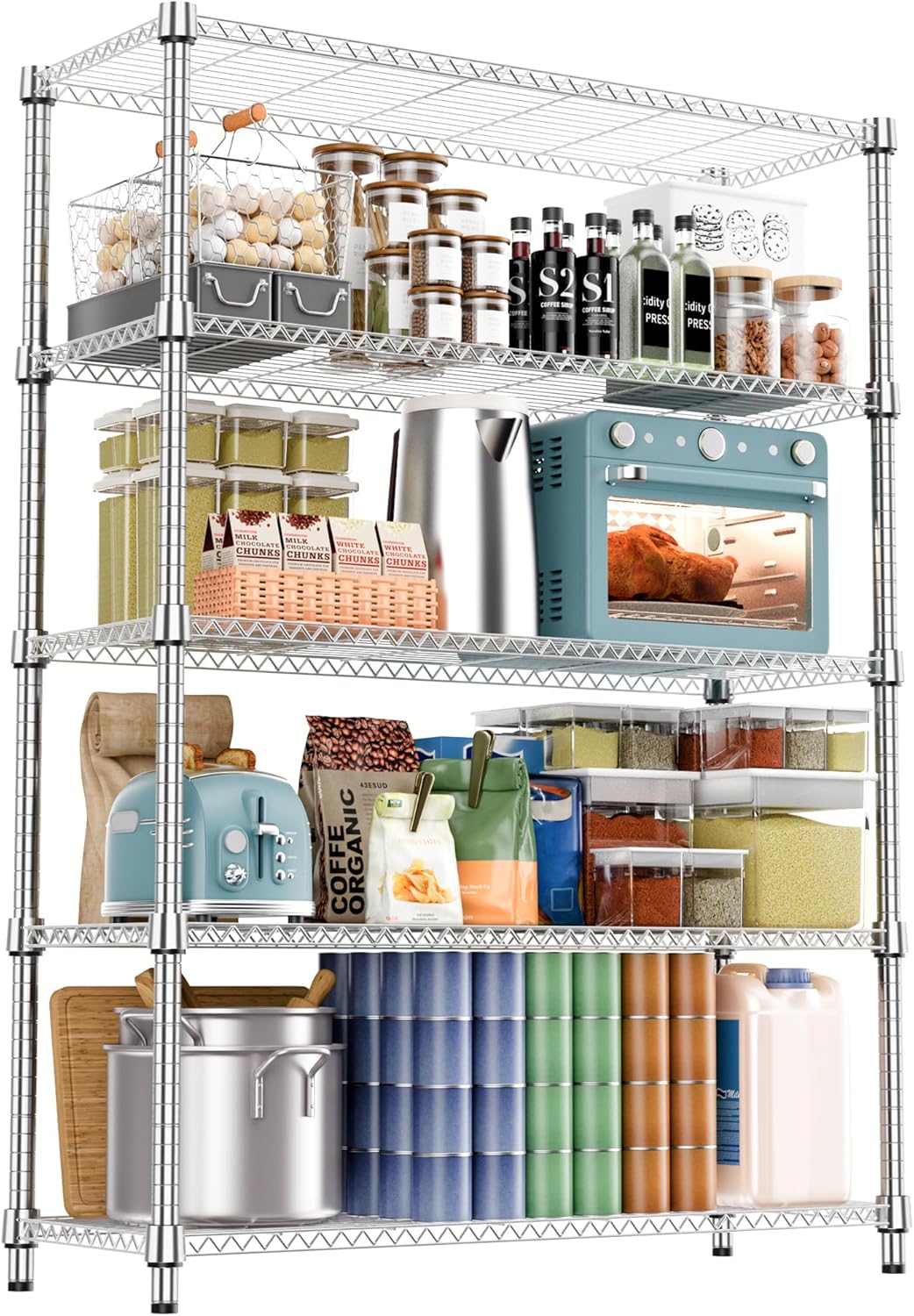 M MZG 5-Shelf Storage Shelves, Wire Shelving Heavy Duty Metal Storage Shelving Unit Adjustable Garage Shelving Rack Pantry Kitchen (Chrome, 4 Tier