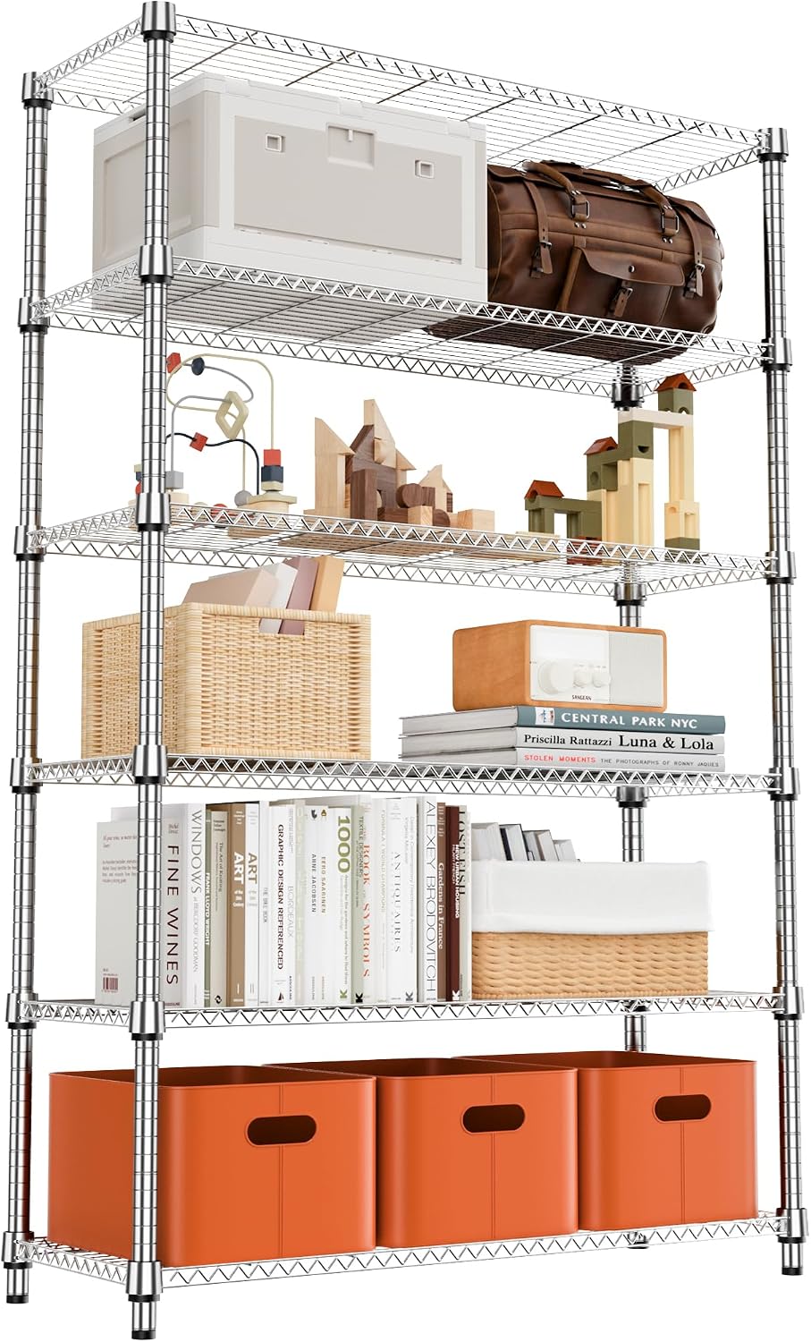 M MZG 1250 lbs 5 Tier Shelf Metal Storage Shelves Wire Rack Closet Organizers with Wheel for Garage Kitchen Bathroom Laundry Chrome 13.7" D x 23.6" W