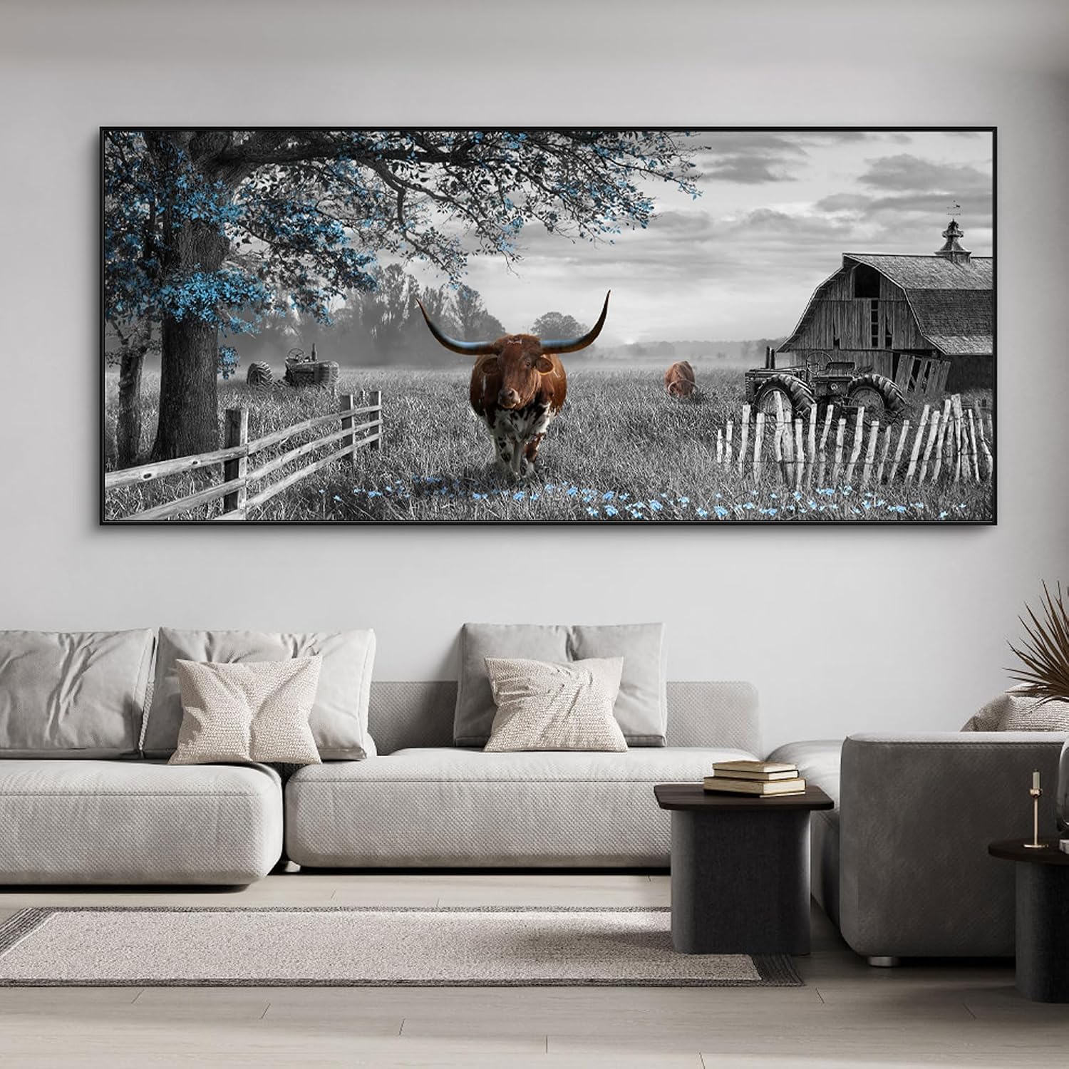 yiijeah Rustic Wall Art - Western Home Decor Cow Picture Extra Large Wall Decr Rustic Longhorn Living Room Bedroom Canvas Framed Artwork Farmhouse