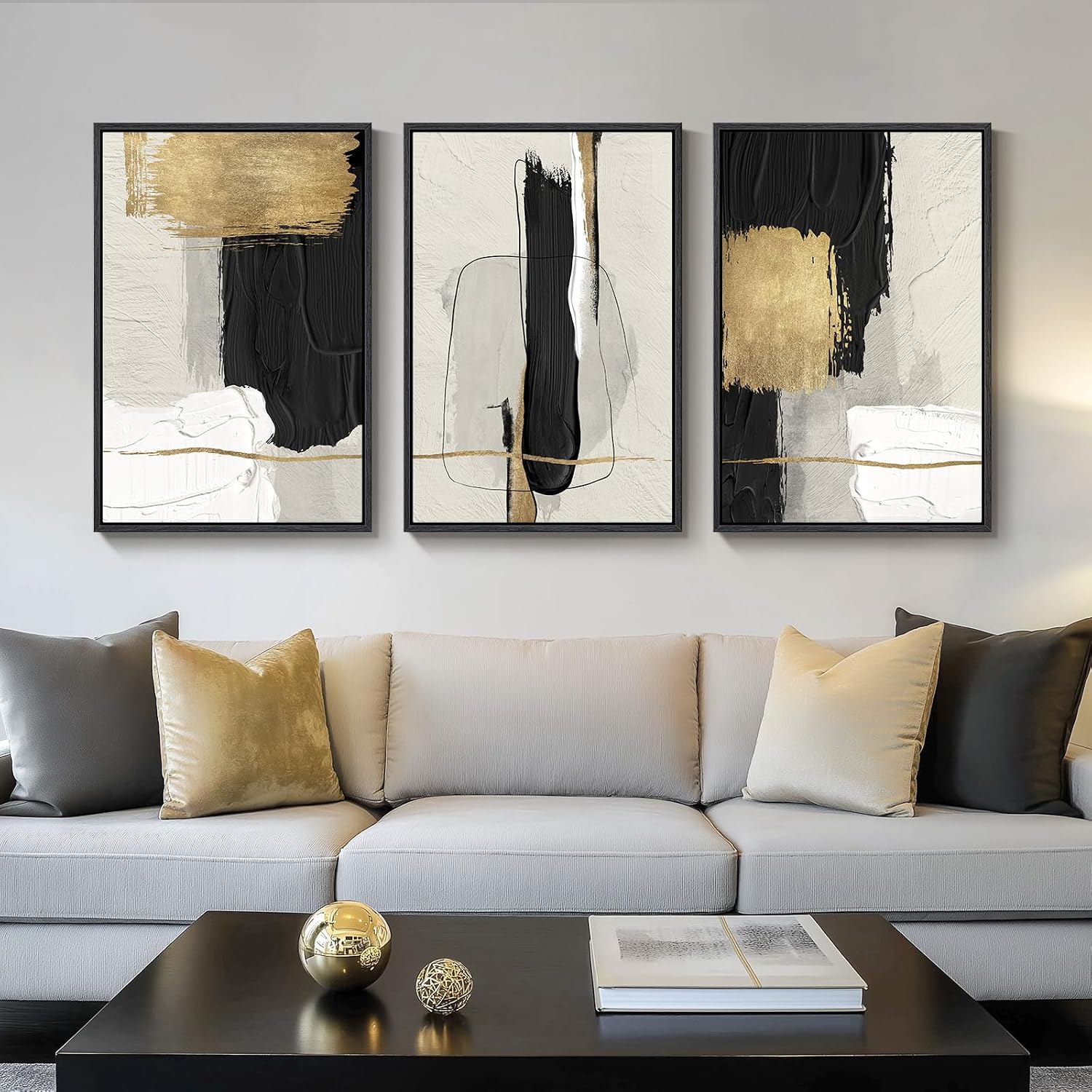 Large Framed Boho Modern Neutral Abstract Wall Art for Living Room, 3 Piece Black and White Canvas Prints Paintings Artwork for Walls
