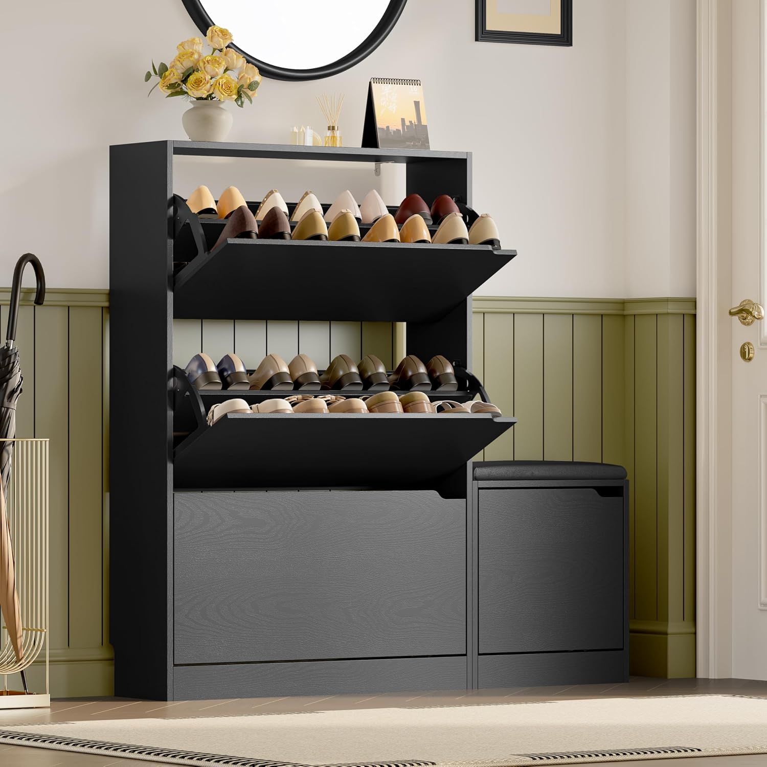 BORNOON Shoe Storage Cabinet with 3 Flip Drawers, Narrow Shoe Rack Cabinet, Freestanding Organizer Storage for Entryway, Hallway, Black