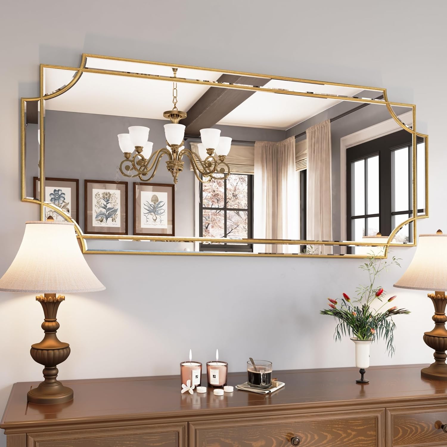 Kelly Miller 24"x48" Gold Foil Scalloped Edge Decorative Vanity Wall Mirror, Hand-Applied Gold Foil Finish. HD Mirror With French Cleat. Elegant