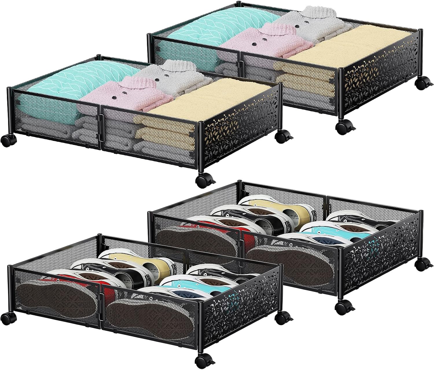 Under Bed Stroage Container with wheels, Patterned, Metal, 2 Pack, Black, Tool-free assembly, glide smoothly, easy reach, foldable