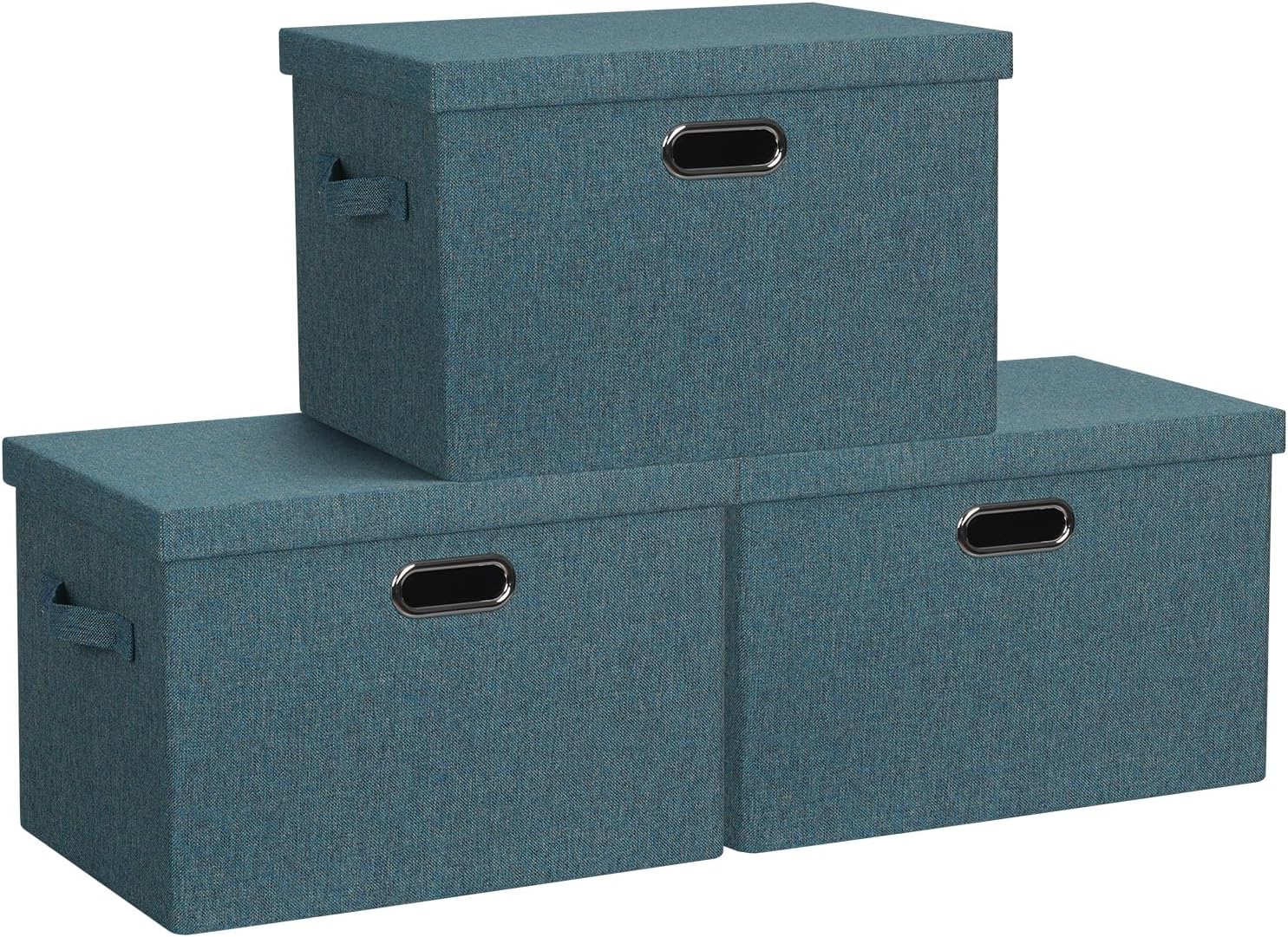 Graciadeco Large Quart Collapsible Stackable Storage Bins with Lids, 3 Packs Beige Linen Fabric Closet Boxes with Lids