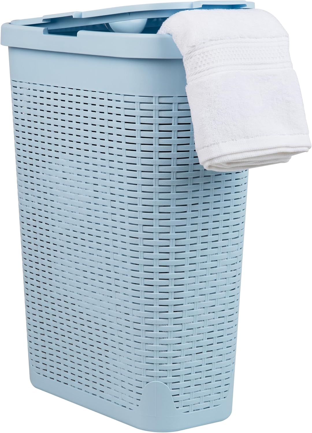 Mind Reader Slim Laundry Hamper with Lid, 40L Clothes Basket, Narrow Tapered Design with Ventilated Cutout Pattern, Plastic, White