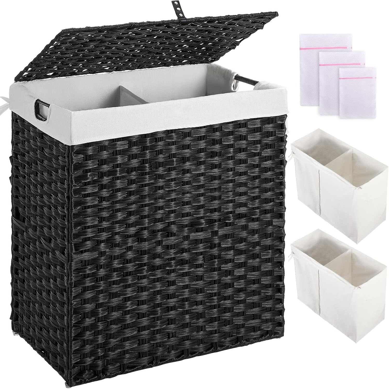 Greenstell Laundry Hamper with lid, No Install Needed, 110L Wicker Laundry Baskets Foldable 2 Removable Liner Bags