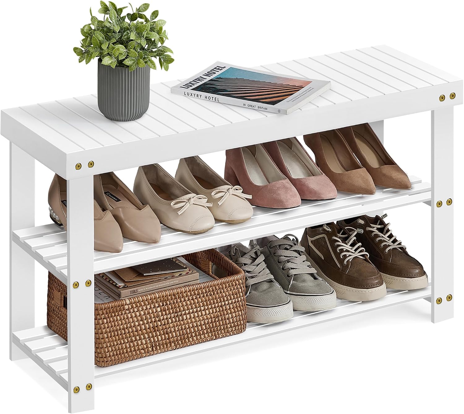 SONGMICS Shoe Rack Bench, 3-Tier Bamboo Shoe Storage Organizer, Entryway Bench, Holds Up to 286 lb, 11.3 x 35.4 x 17.8 Inches