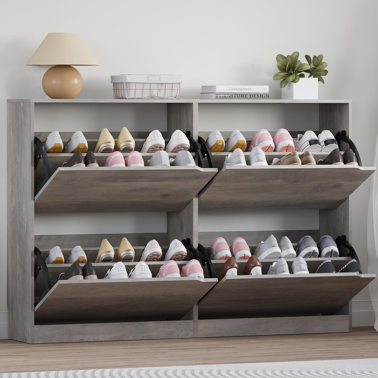 BORNOON Shoe Cabinet with Odor Control and Back Panels, Deodorizing Slim 3-Flip Shoe Storage Cabinet for Entryway