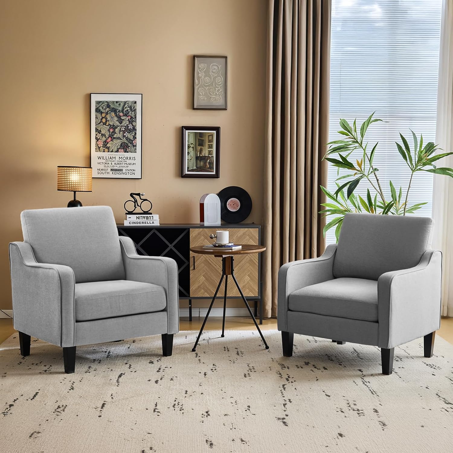VINGLI Mid Century Modern Accent Chair, Light Grey Fabric Accent Chairs for Living Room Upholstered Armchair with Scooped Arms for Bedroom, Apartment