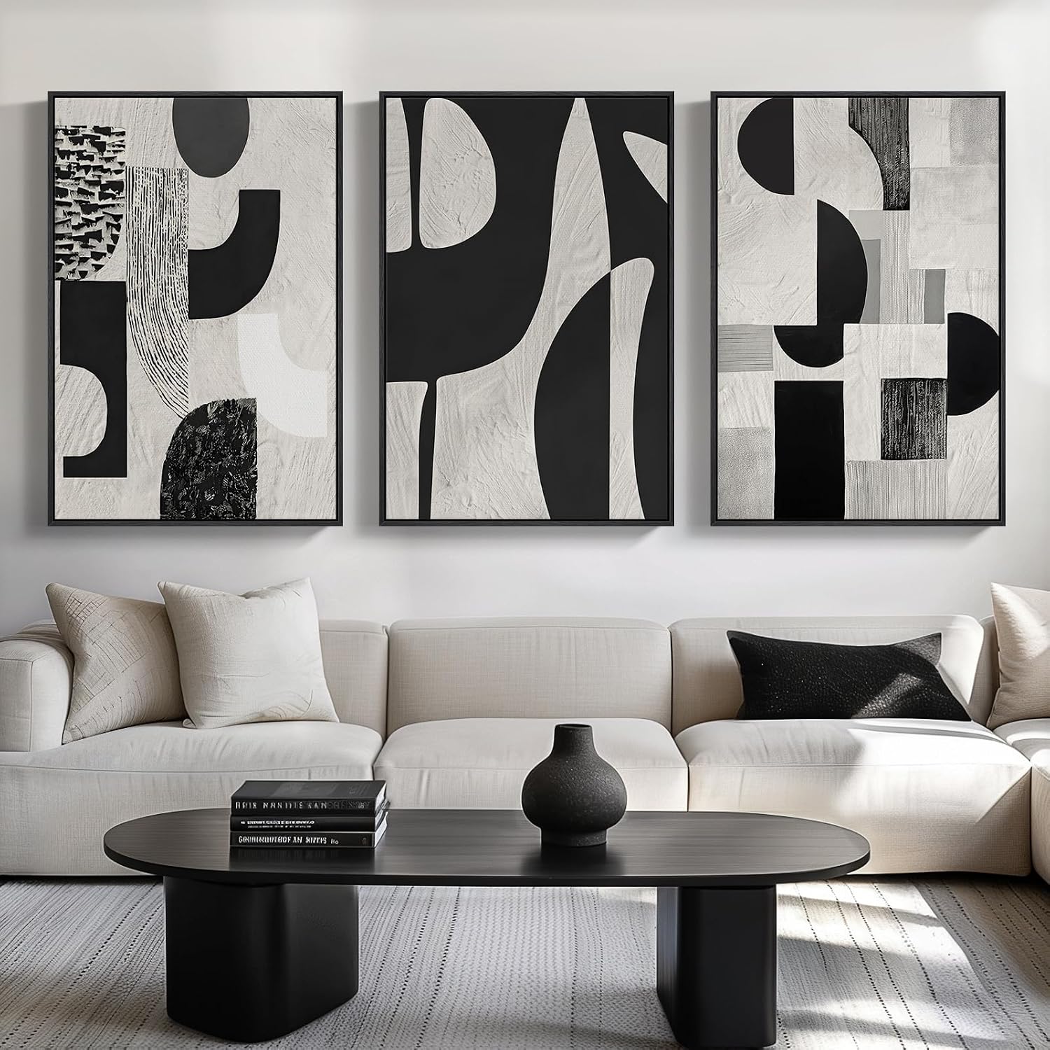 Large Framed Boho Modern Neutral Abstract Wall Art for Living Room, 3 Piece Black and White Canvas Prints Paintings Artwork for Walls