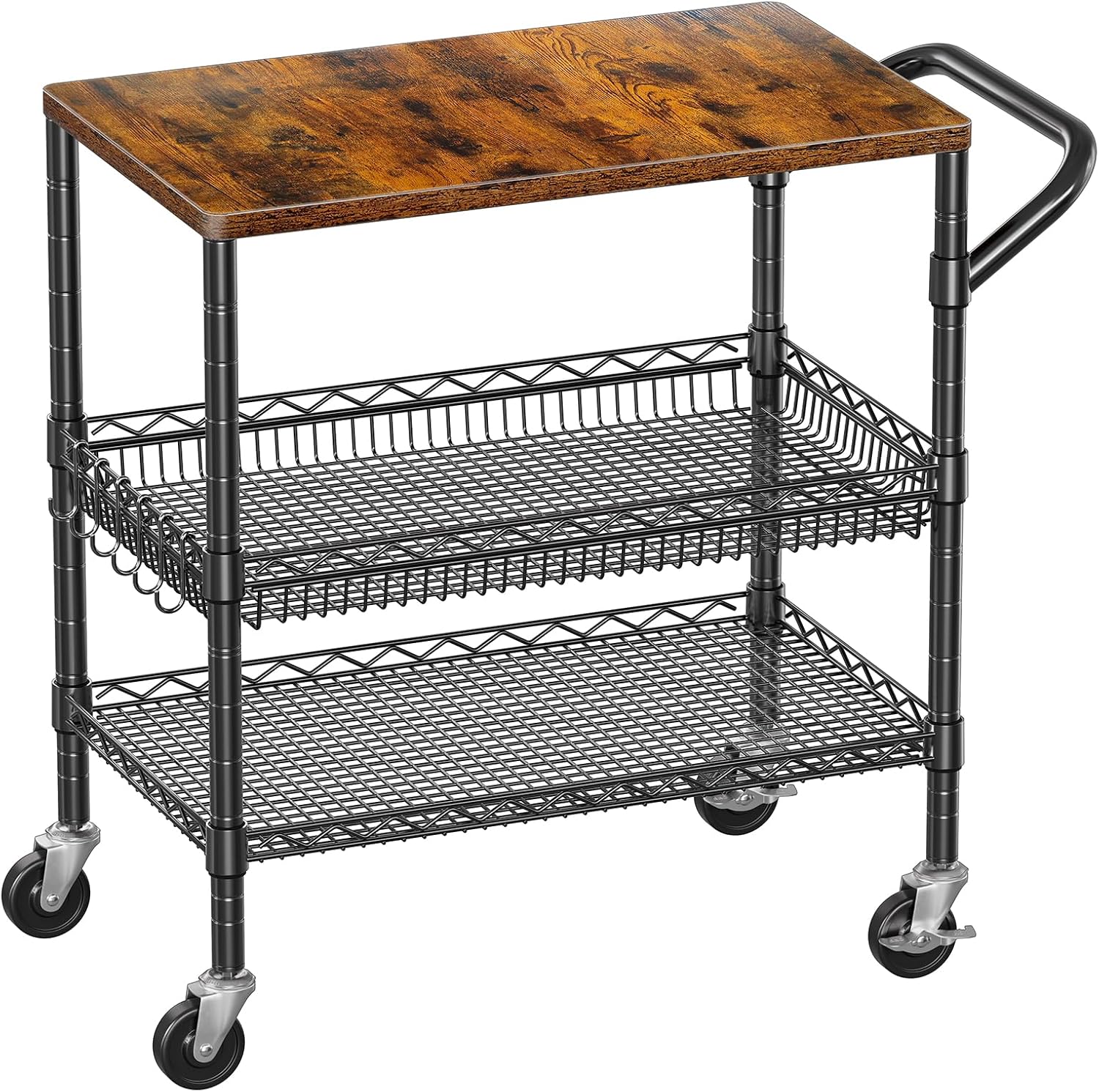 WDT 3 Tier Rolling Kitchen Carts with Wheels, Heavy Duty Rolling Utility Cart with Wood Tabletop, Commercial Grade Metal Cart with Handle and Hooks
