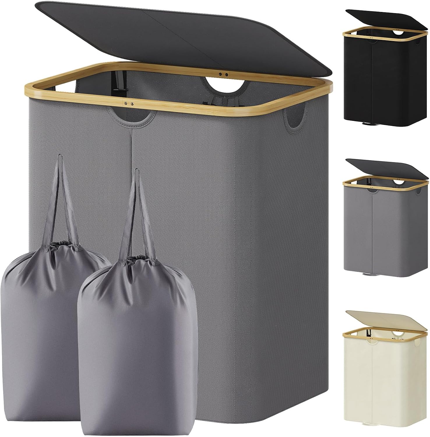 Lifewit 150L Double Laundry Hamper with Lid, Large Laundry Basket with Removable Bag and Bamboo Handles