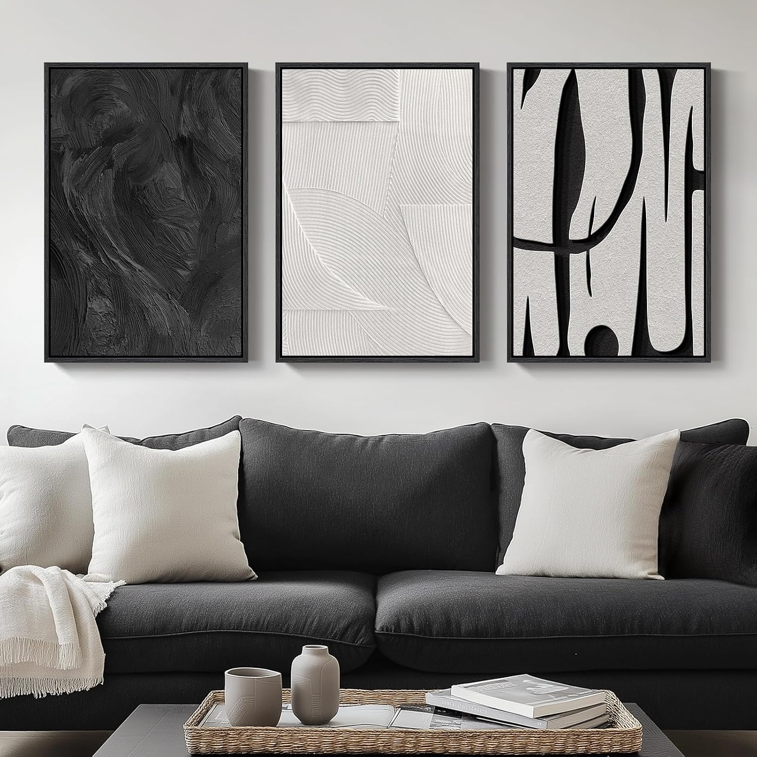 Large Framed Boho Modern Neutral Abstract Wall Art for Living Room, 3 Piece Black and White Canvas Prints Paintings Artwork for Walls