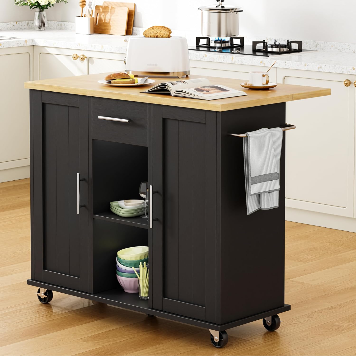Shintenchi Kitchen Island cart with Storage, Portable Bar Cabinet on Wheels, Rolling Microwave Cart Side Table with Workstation for Kitchen, Black