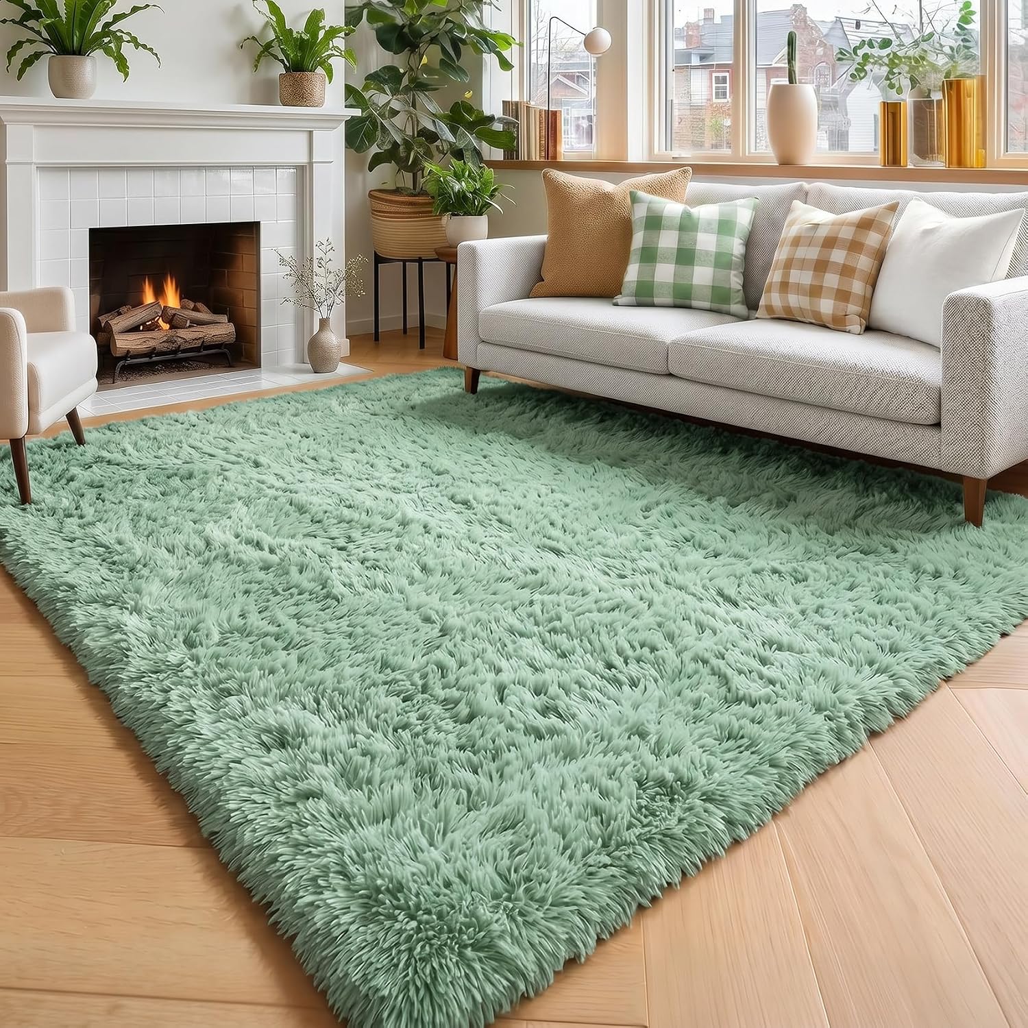 Amdrebio Grass Green Rugs for Living Room Bedroom Decor Aesthetic, 9x12 Large Fluffy Shag Area Rug for Kids Room Baby Nursery Teen Girls Boys