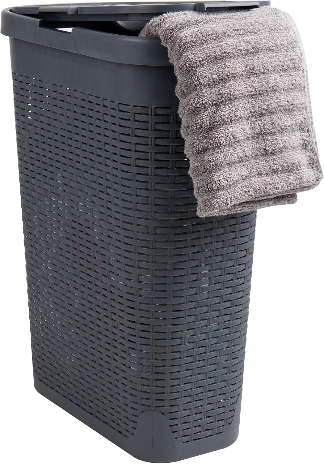 Mind Reader Slim Laundry Hamper with Lid, 40L Clothes Basket, Narrow Tapered Design with Ventilated Cutout Pattern, Plastic, White