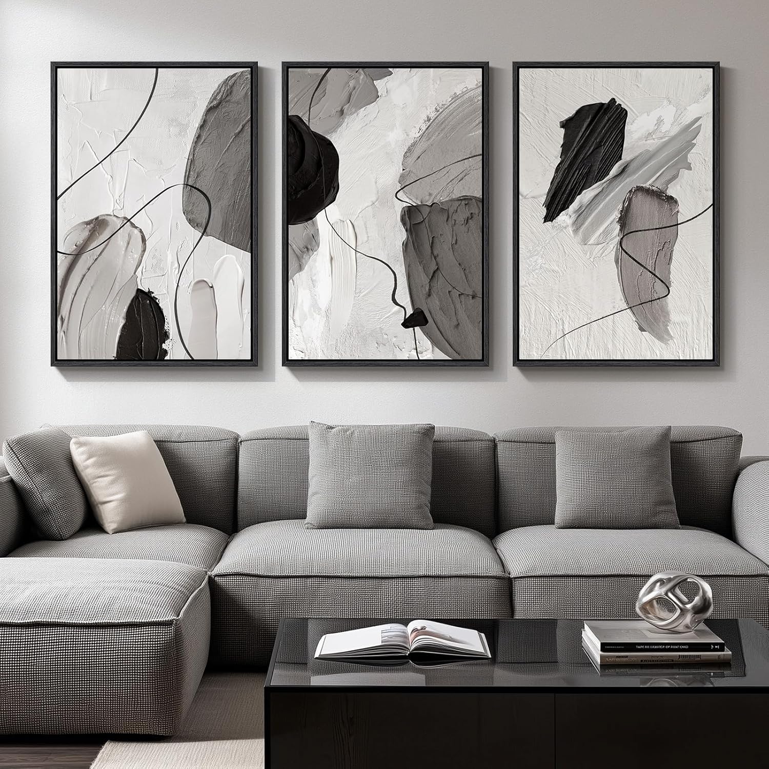 Large Framed Boho Modern Neutral Abstract Wall Art for Living Room, 3 Piece Black and White Canvas Prints Paintings Artwork for Walls