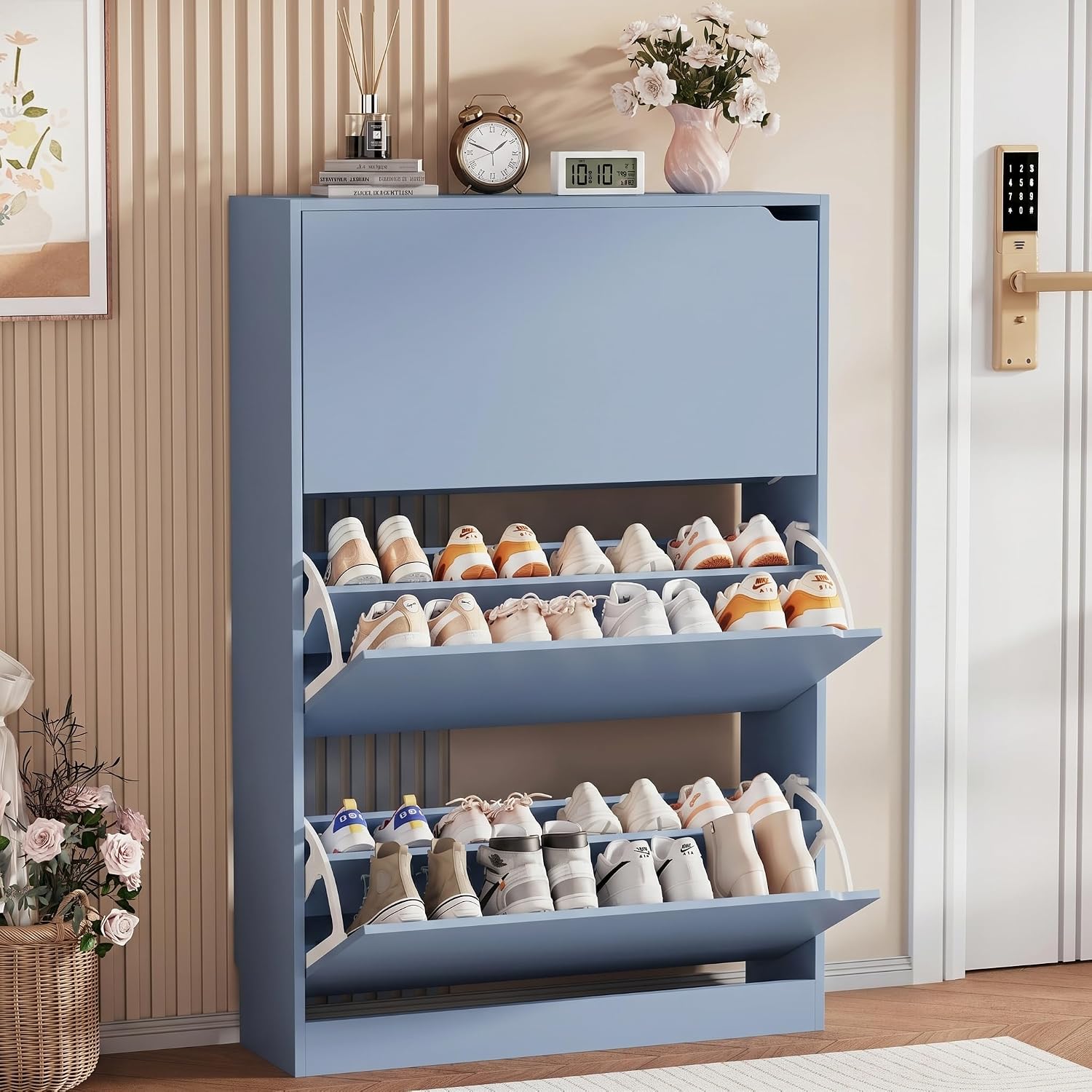 Shoe Storage Cabinet, Wood Shoe Organizer for Entryway with 3 Flip Drawers, Freestanding Shoe Rack with Adjustable Shelf
