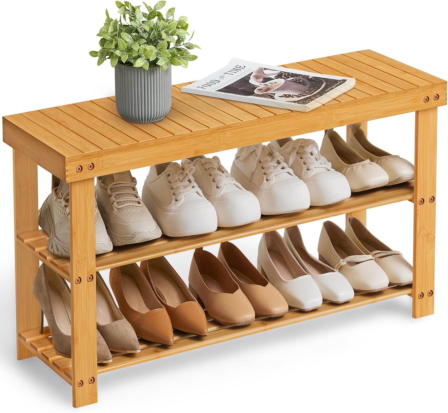 SONGMICS Shoe Rack Bench, 3-Tier Bamboo Shoe Storage Organizer, Entryway Bench, Holds Up to 286 lb, 11.3 x 35.4 x 17.8 Inches