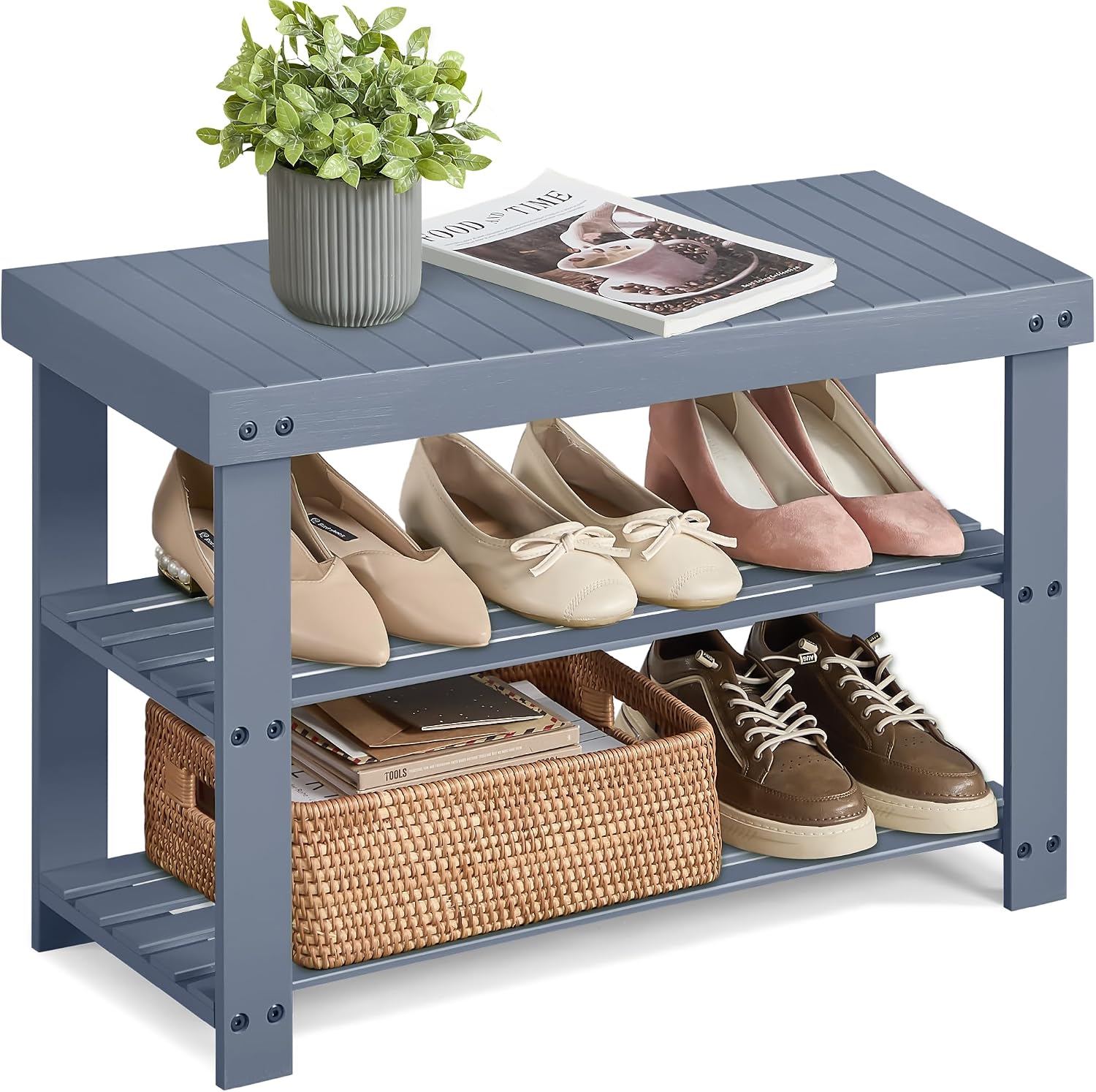 SONGMICS Shoe Rack Bench, 3-Tier Bamboo Shoe Storage Organizer, Entryway Bench, Holds Up to 286 lb, 11.3 x 35.4 x 17.8 Inches