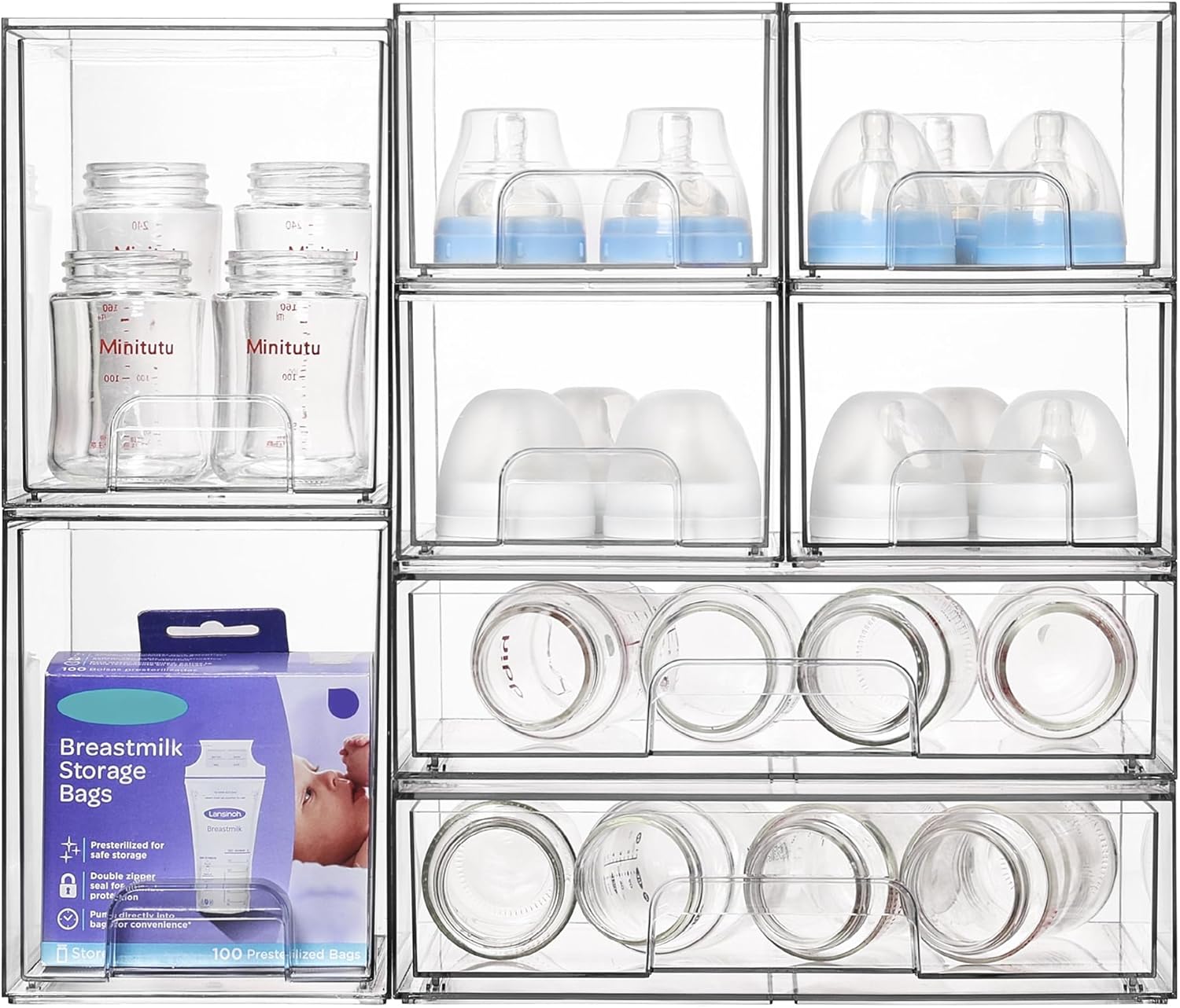 Vtopmart Stackable Storage Drawers Set of 6, Clear Plastic Organizer Bins for Bathroom Supplies, for Cabinet, Shelf, Pantry, Laundry Room Organization