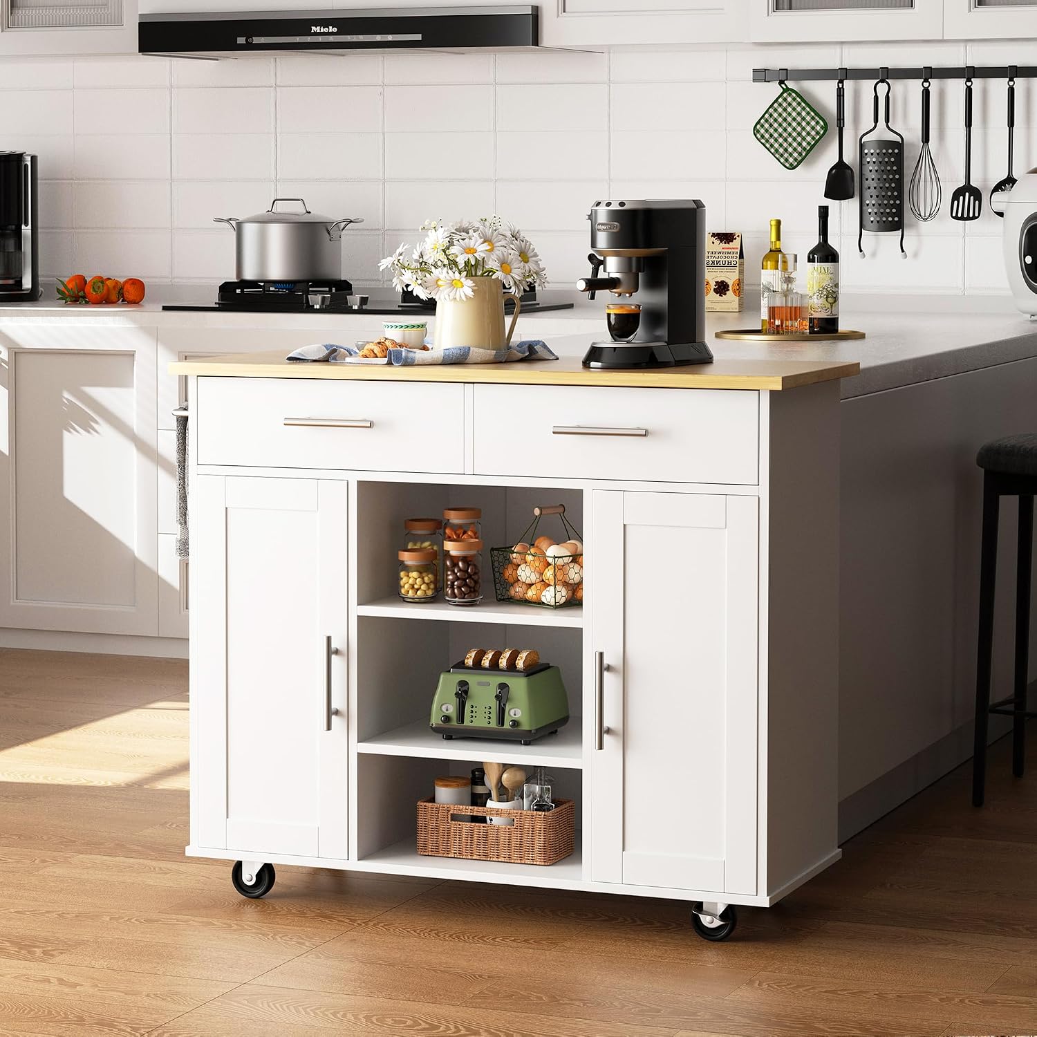 Shintenchi Kitchen Island cart with Storage, Portable Bar Cabinet on Wheels, Rolling Microwave Cart Side Table with Workstation for Kitchen, White