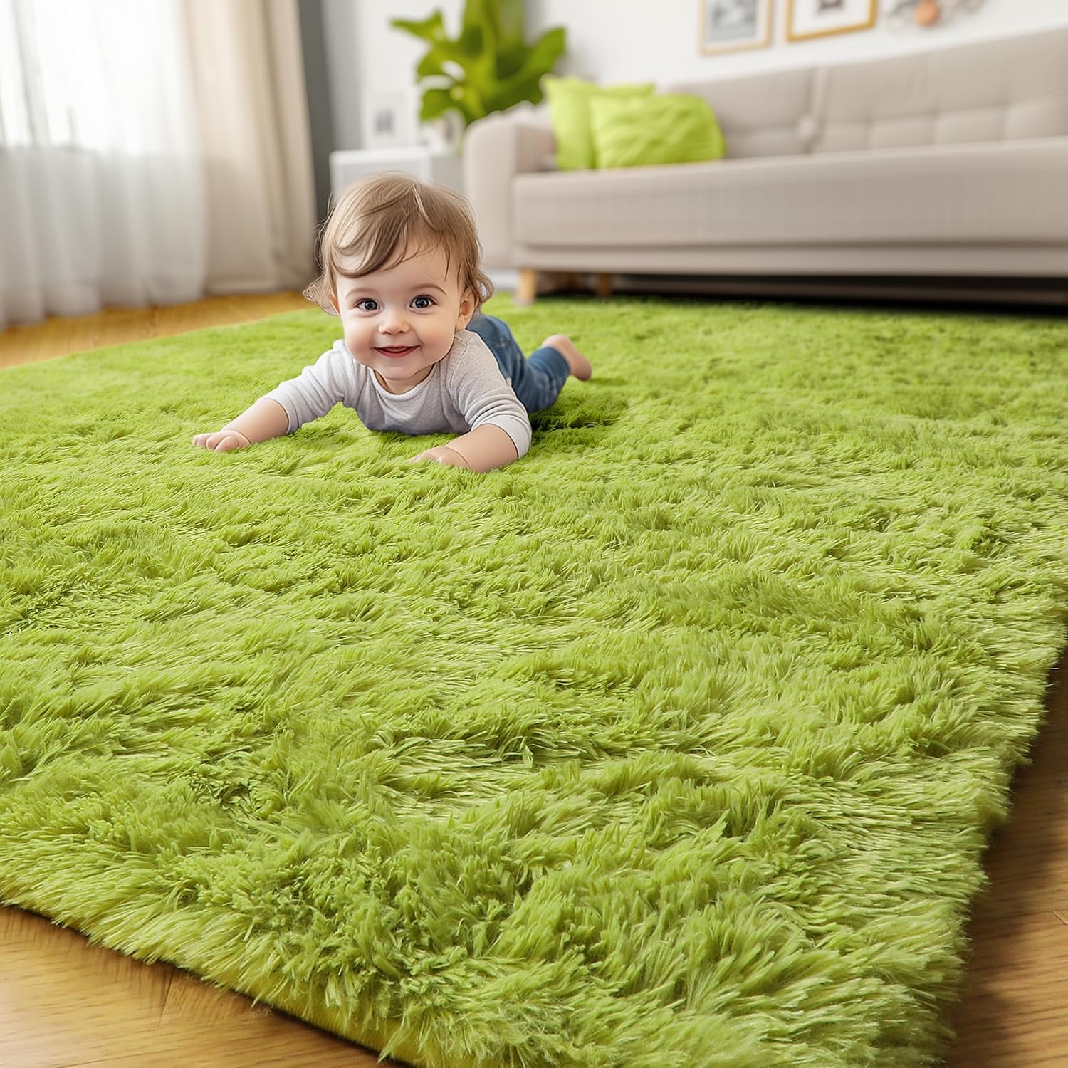 Amdrebio Grass Green Rugs for Living Room Bedroom Decor Aesthetic, 9x12 Large Fluffy Shag Area Rug for Kids Room Baby Nursery Teen Girls Boys