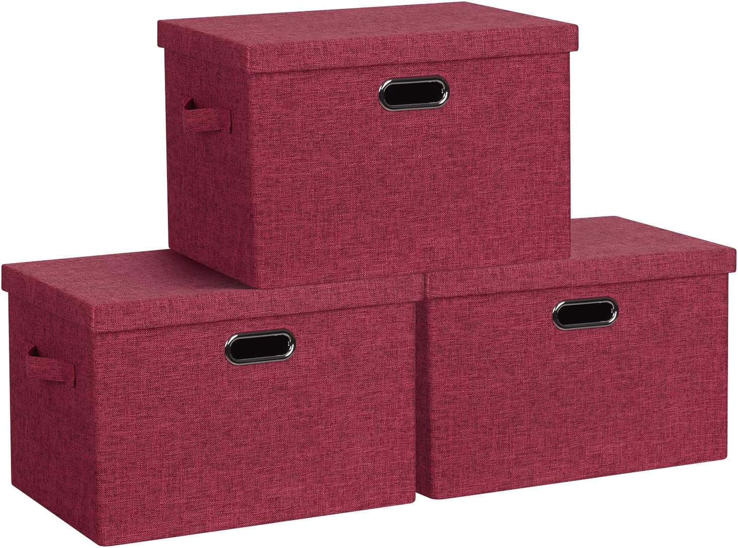 Graciadeco Large Quart Collapsible Stackable Storage Bins with Lids, 3 Packs Beige Linen Fabric Closet Boxes with Lids