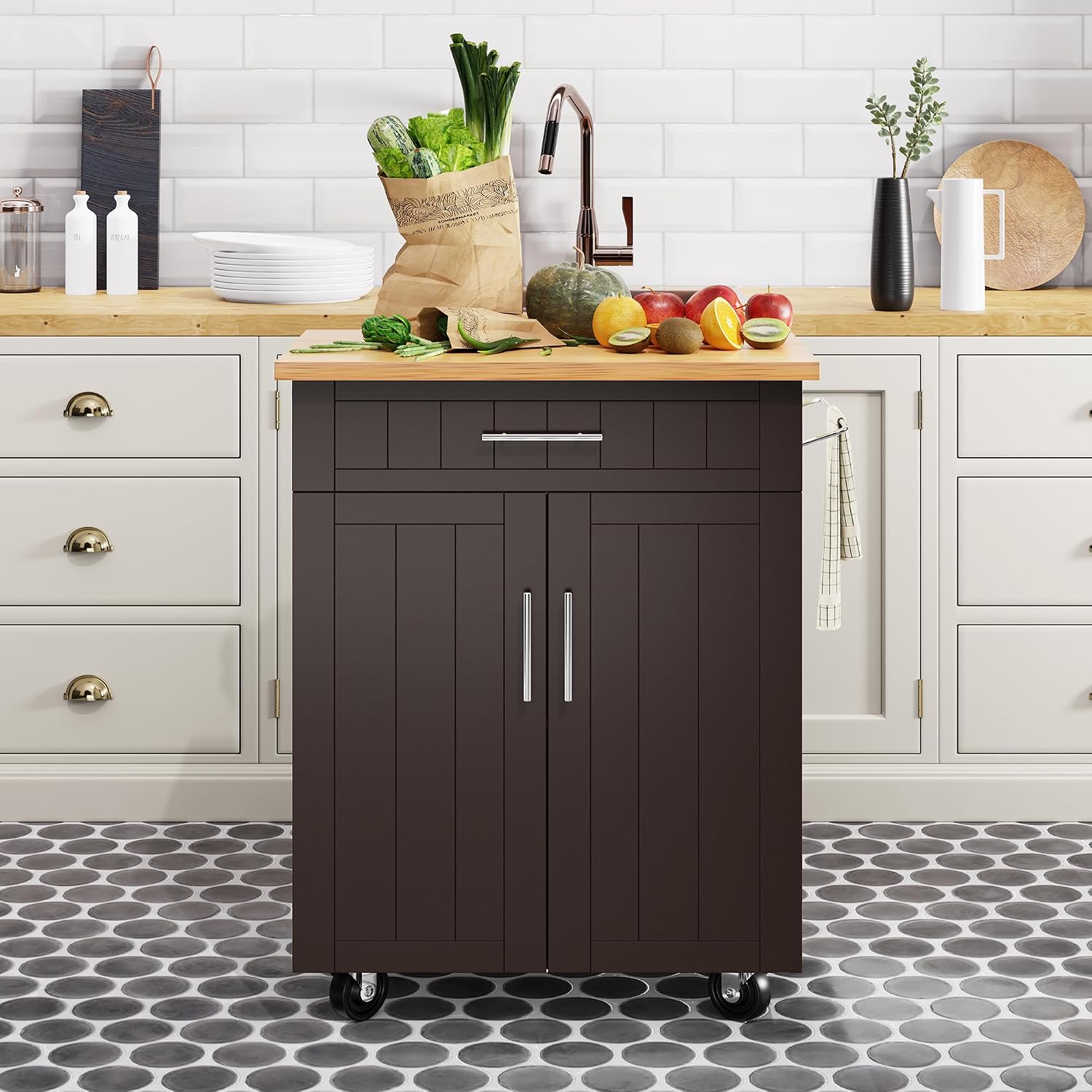 Shintenchi Kitchen Island cart with Storage, Portable Bar Cabinet on Wheels, Rolling Microwave Cart Side Table with Workstation for Kitchen, Black