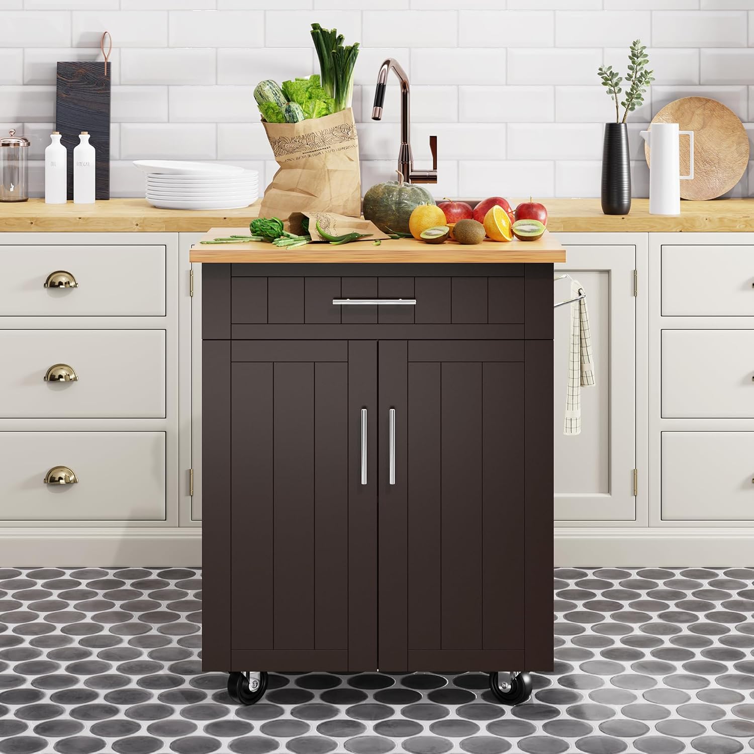 Shintenchi Kitchen Island Cart with Storage, Rolling Side Table on Wheels with Worktop, Single Door Cabinet and Drawer for Dining Room, White
