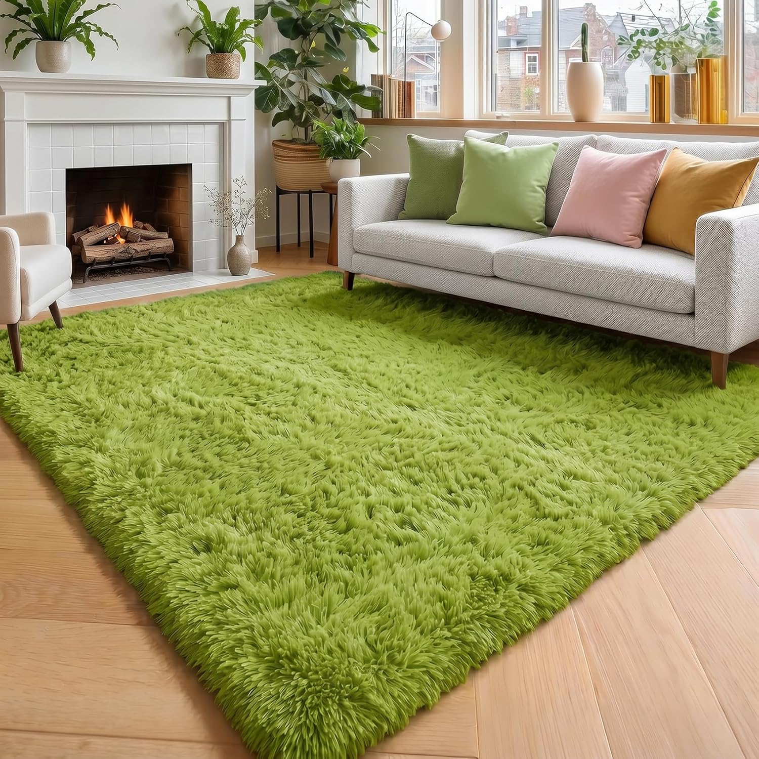 Amdrebio Grass Green Rugs for Living Room Bedroom Decor Aesthetic, 9x12 Large Fluffy Shag Area Rug for Kids Room Baby Nursery Teen Girls Boys