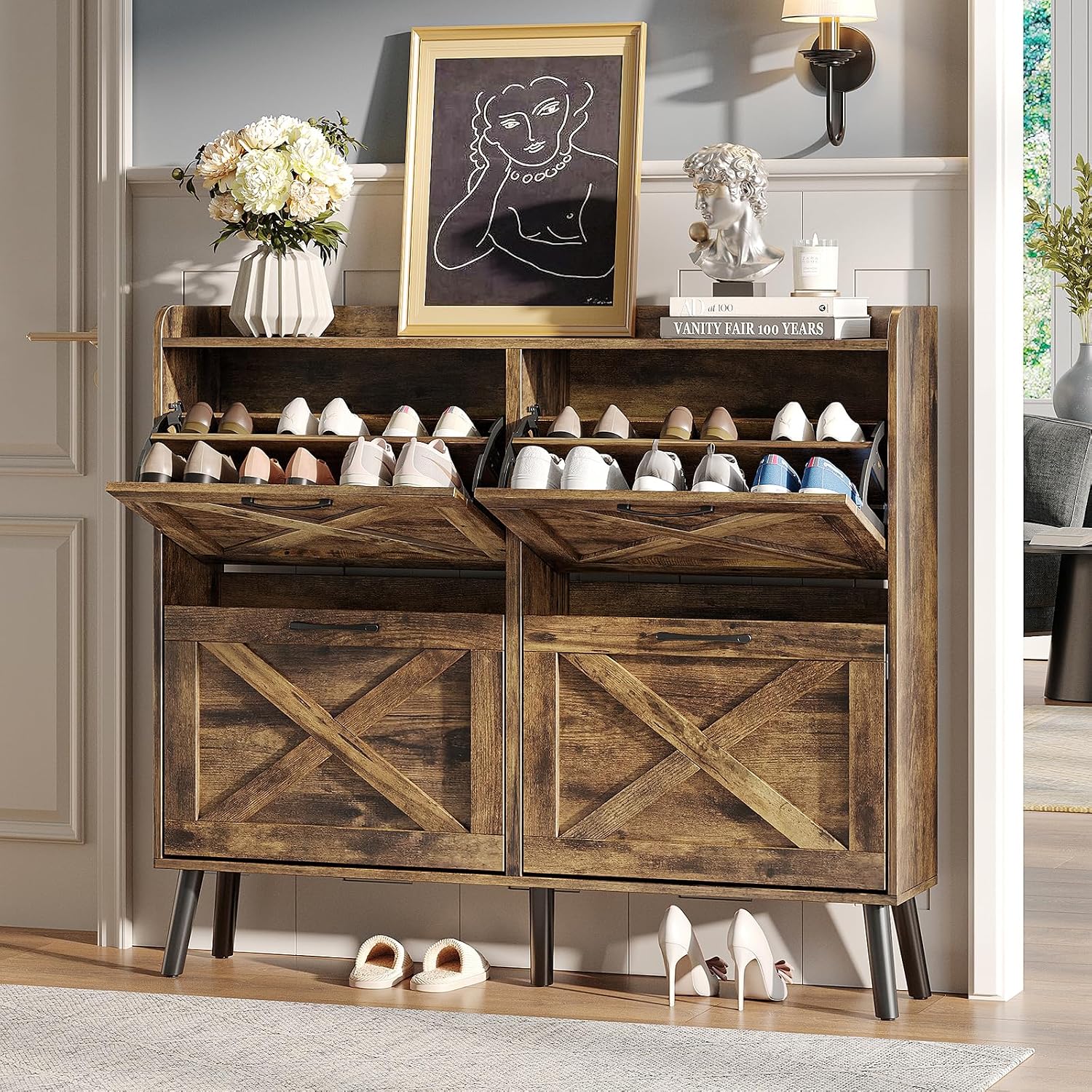Maupvit Shoe Storage Cabinet with 2 Flip Drawers, Freestanding Shoe Organizer with Metal Legs for Entryway, Narrow Shoe Rack Cabinet, Rustic Brown