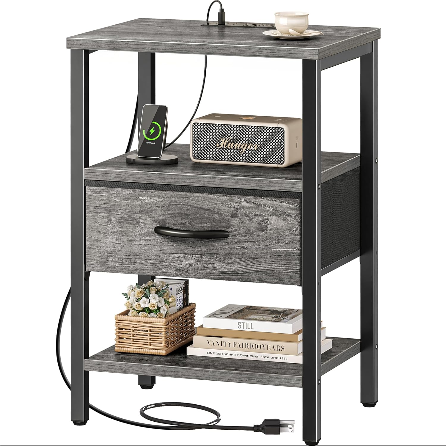 SUPERJARE Nightstand Set of 2, Bed Side Tables with Charging Station, Adjustable Fabric Drawer, Night Stand for Bedroom, 3-Tier Storage End Tables