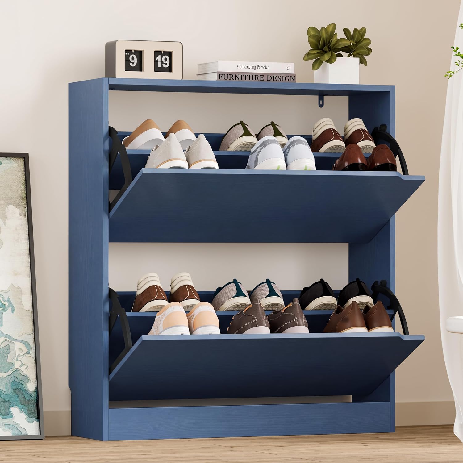 BORNOON Shoe Cabinet with Odor Control and Back Panels, Deodorizing Slim 3-Flip Shoe Storage Cabinet for Entryway