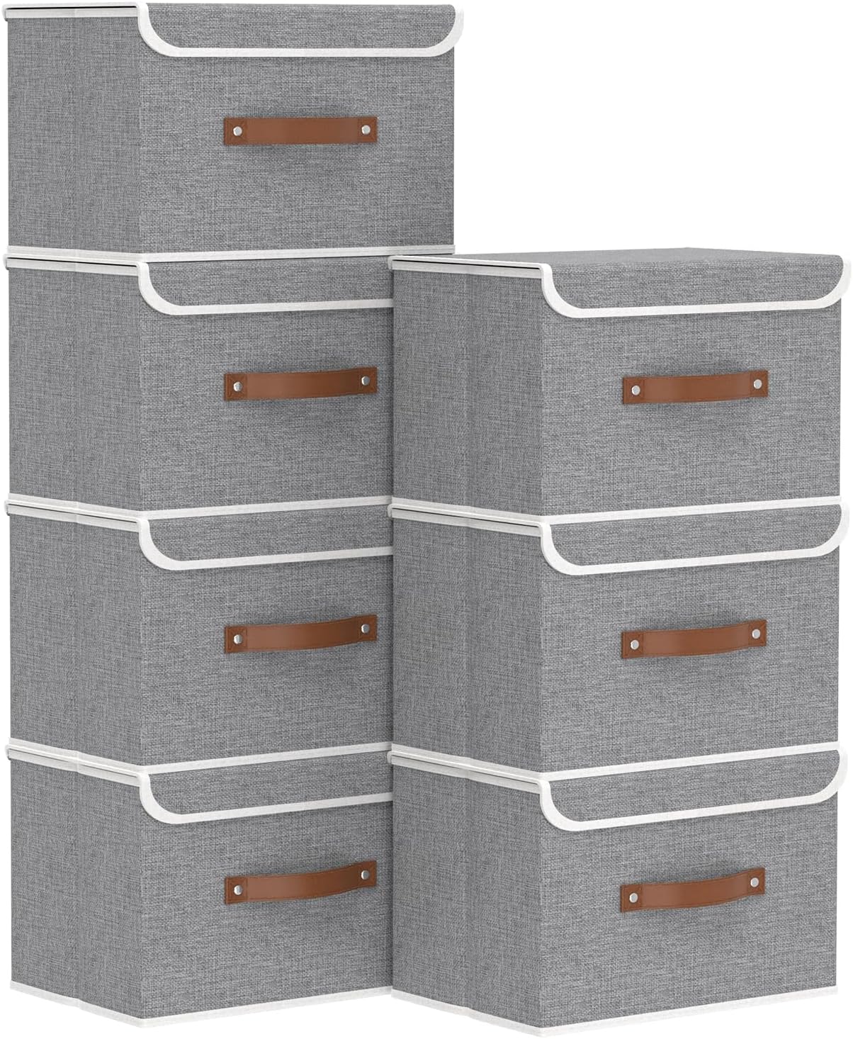 Yawinhe Storage Bins with Lids, Beige, 17.7x11.8x11.8in, 5-Pack, Fabric Container with Leather Handle, Washable Home Basket
