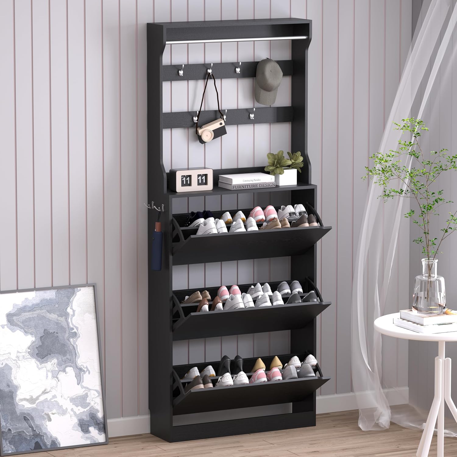 BORNOON Shoe Cabinet with Odor Control and Back Panels, Deodorizing Slim 3-Flip Shoe Storage Cabinet for Entryway