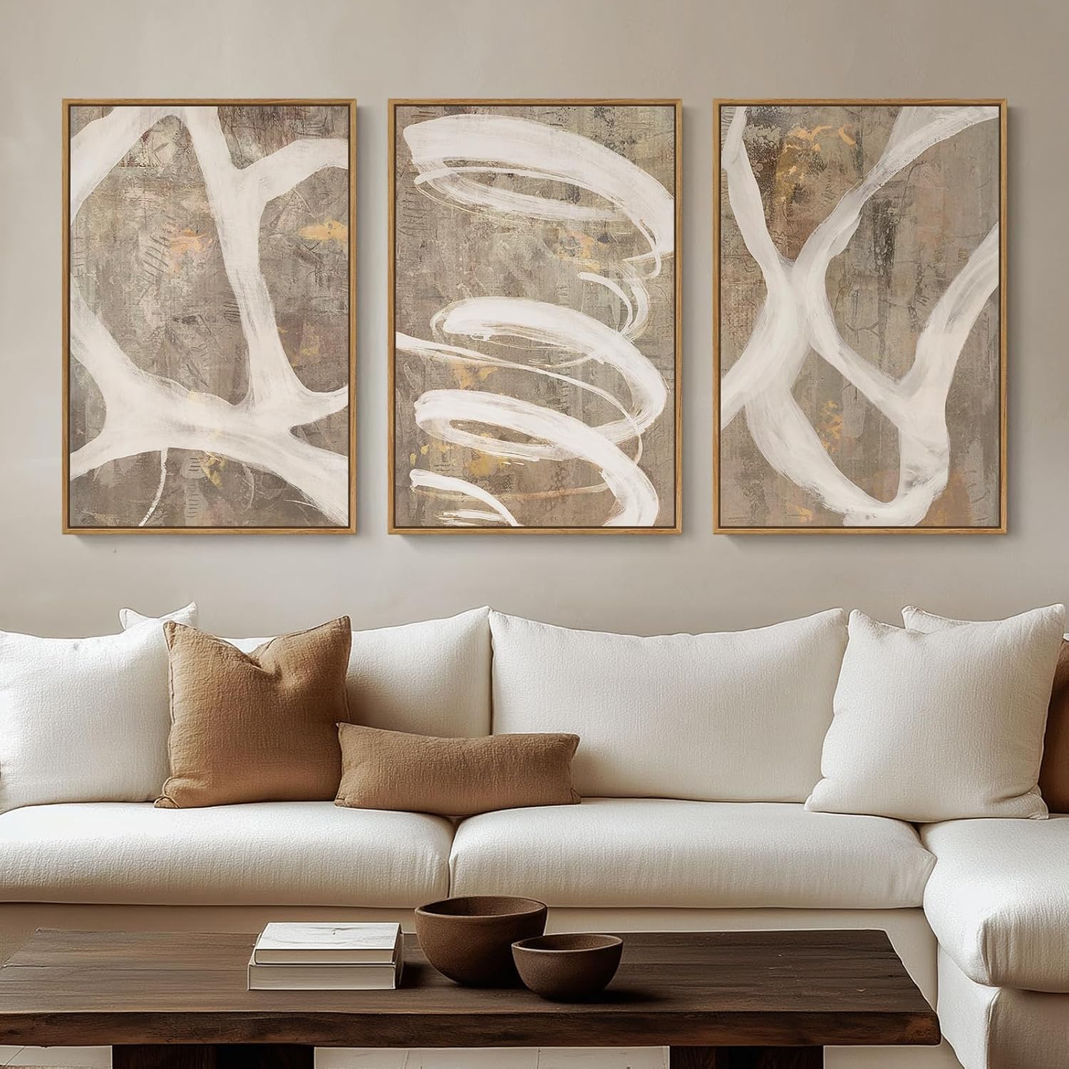 Large Framed Neutral Abstract Wall Art for Living Room, 3 Piece Modern Canvas Prints Paintings Artwork for Walls