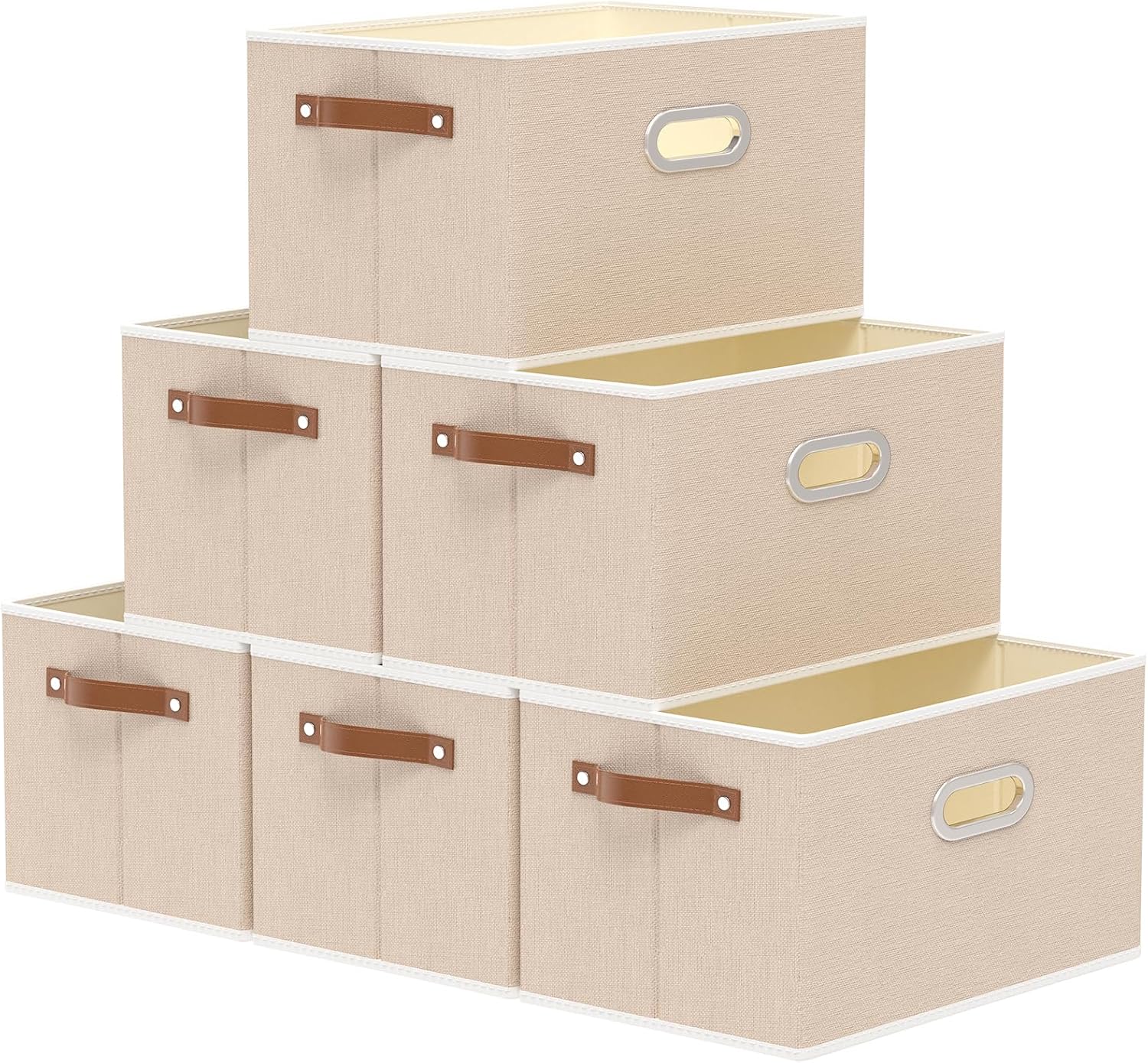 Yawinhe Foldable Storage Baskets for Shelves, 16.9x11.8x10.2in, Beige, 6-Pack, Collapsible Storage Bins for Towels