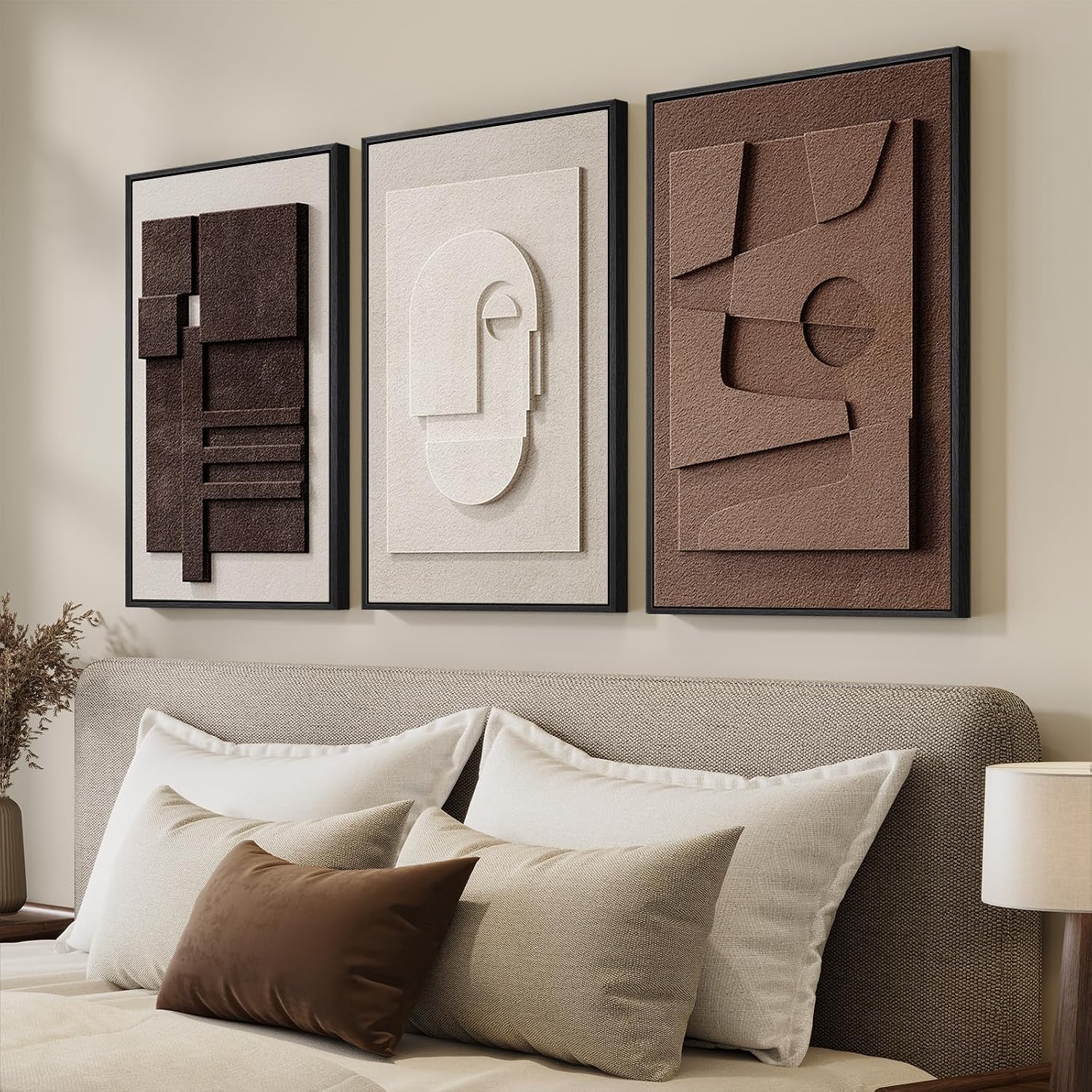3D Wood Textured Large Neutral Abstract Wall Art, Modern Beige Brown Geometric Paintings Artwork for Walls-Minimalist Wooden Wall Art Decor for Living