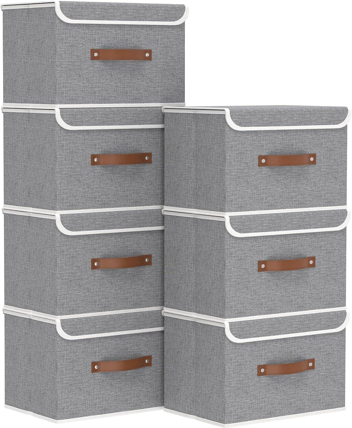 Yawinhe Storage Bins with Lids, Beige, 17.7x11.8x11.8in, 5-Pack, Fabric Container with Leather Handle, Washable Home Basket