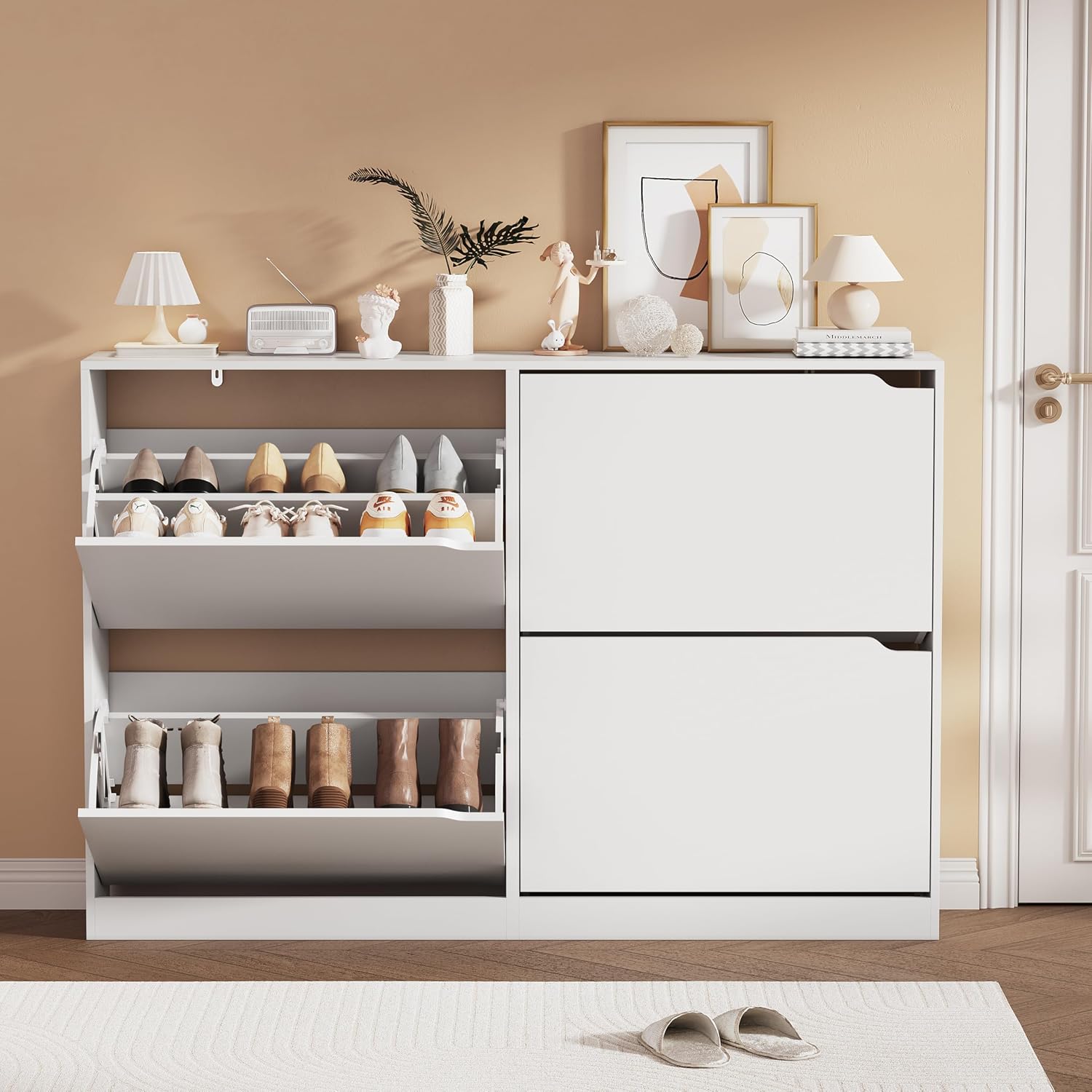 Shoe Storage Cabinet, Wood Shoe Organizer for Entryway with 3 Flip Drawers, Freestanding Shoe Rack with Adjustable Shelf