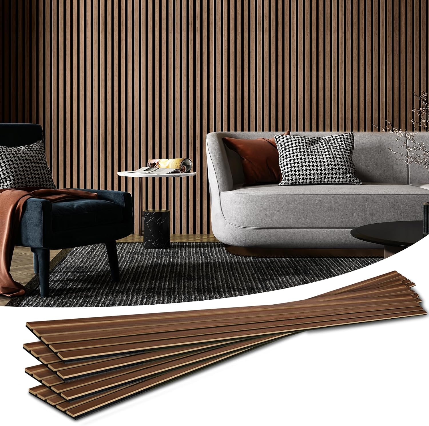 Art3d 6-Piece Wood Slat Acoustic Panels for Stylish Decor and Noise Reduction, 3D Textured Panel for Ceiling and Wall, Walnut